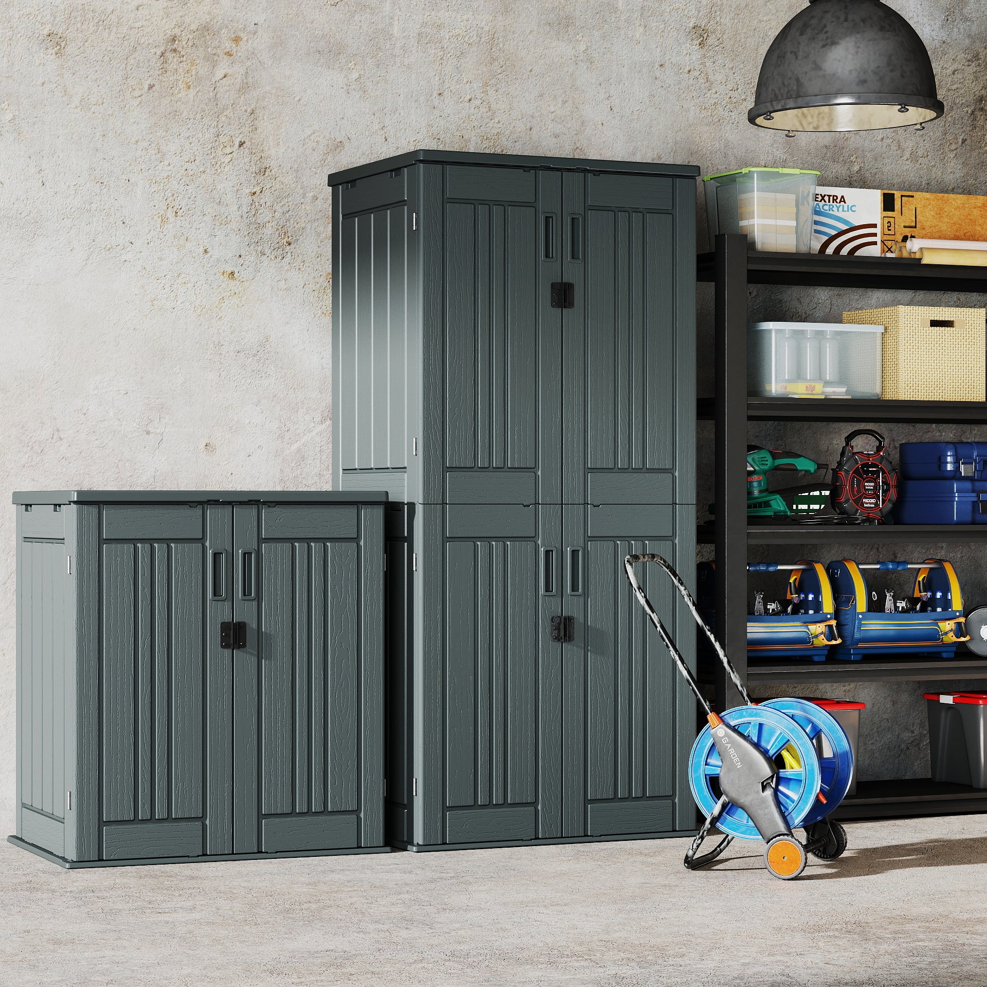 EHHLY Heavy Duty Tall Storage Cabinet Outdoor Weatherproof, 28 Cuft Garage Storage Cabinet with 4 Adjustable Shelves, Lockable Kitchen Pantry Closer Organizer, 31Wx23Lx66H, Sage Grey