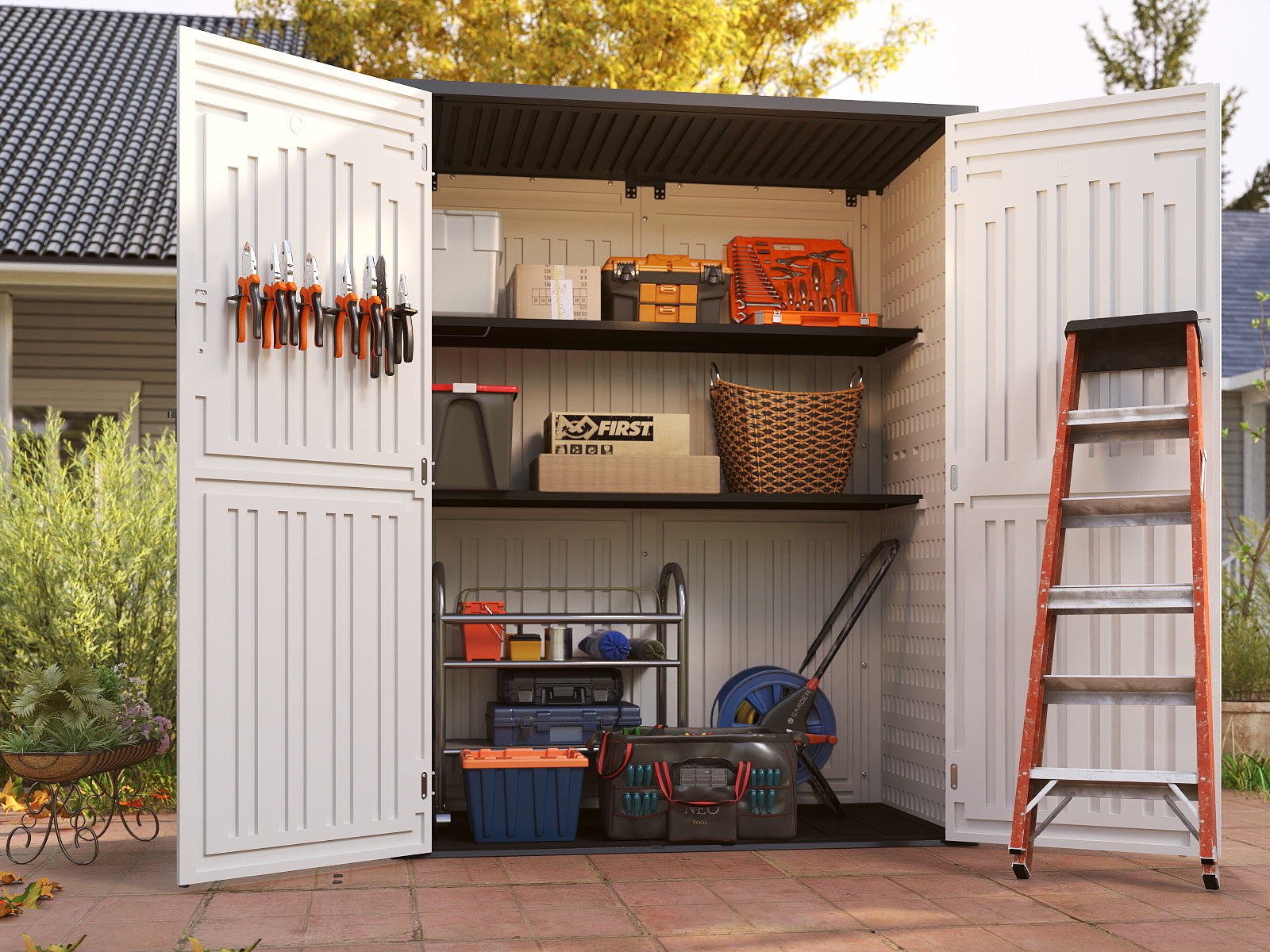 EHHLY Vertical Resin Storage Shed, 60 Cuft Garden Tool Sheds & Outdoor Storage, 5.6 x 2.3 ft, White