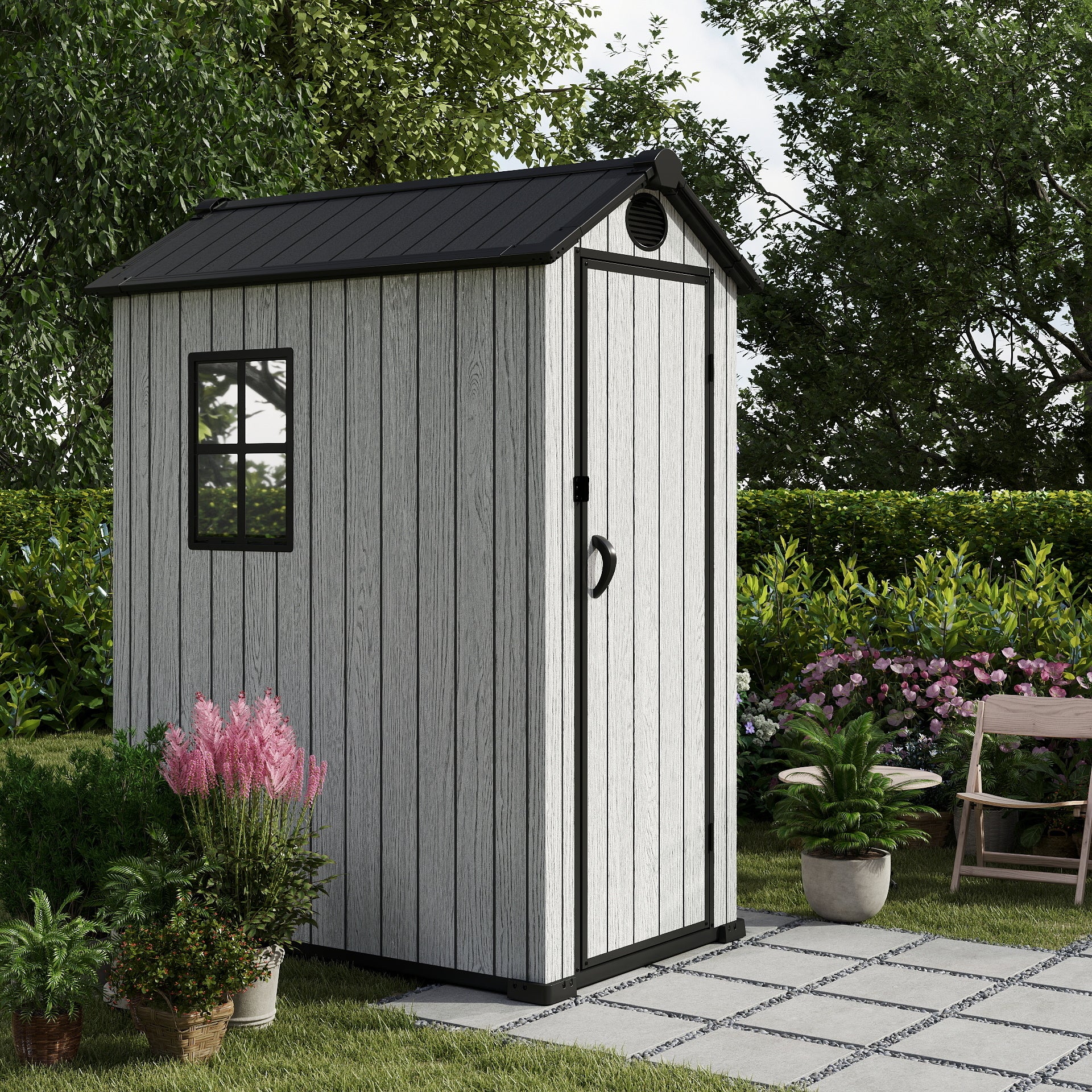 EHHLY 3.4x5.3 FT Resin Outdoor Storage Shed, 125 Cuft Garden Tool Sheds & Outdoor Storage Plastic Shed with Floor, 7FT Tall Backyard Outside Lawn Mower Storage Shed with Side Window, Cemented Grey