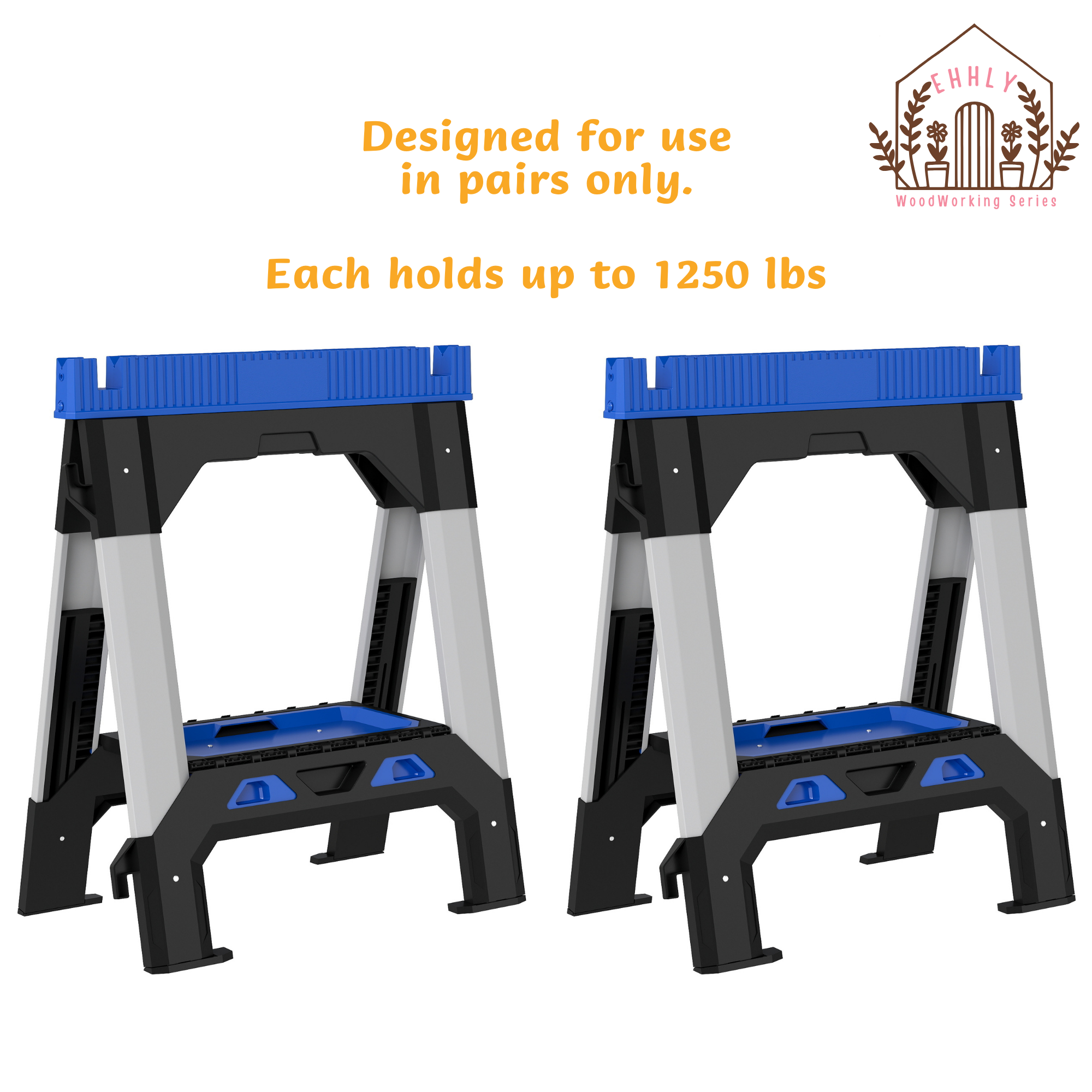 EHHLY Folding Heavy Duty Sawhorses 2 Pack, 2500 LBS Load Capacity Total, PP Plastic Body with 4 Adjustable Telescopic Powder-Coated Steel Legs, Built-In Shelf and Cord Hooks, Foldable for Easy Storage