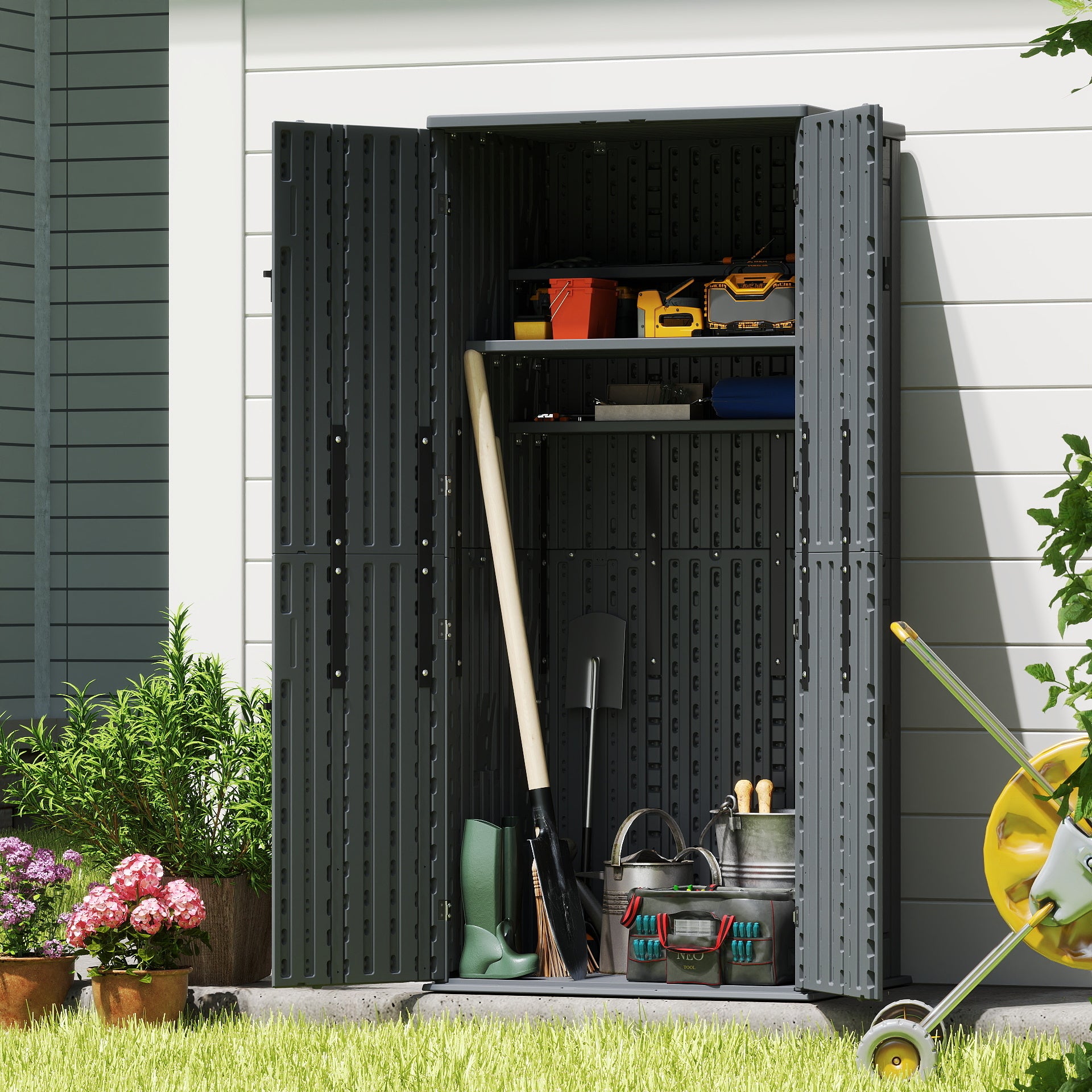 EHHLY Heavy Duty Tall Storage Cabinet Outdoor Weatherproof, 28 Cuft Garage Storage Cabinet with 4 Adjustable Shelves, Lockable Kitchen Pantry Closer Organizer, 31Wx23Lx66H, Sage Grey