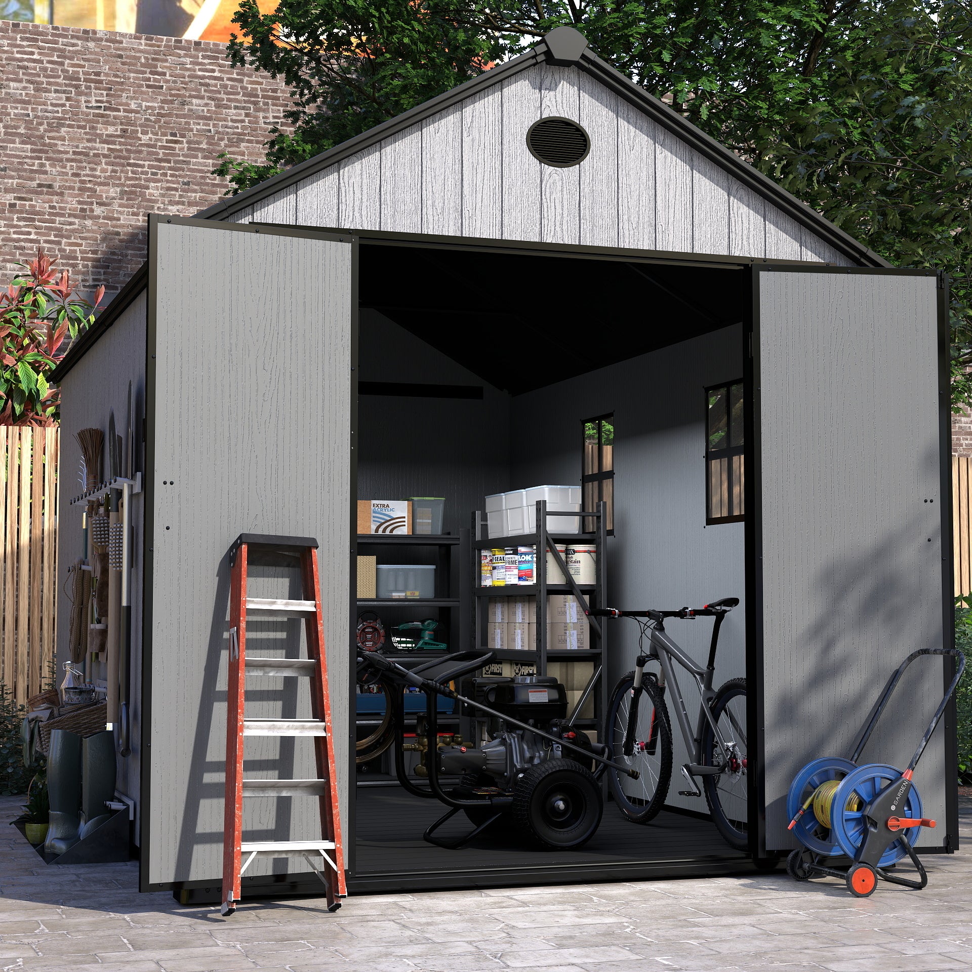EHHLY 7x11 FT Resin Outdoor Storage Shed Large, 566 Cuft Garden Tool Sheds & Outdoor Storage Plastic Shed with Floor, 8FT Tall Backyard Outside Lawn Mower Storage Shed with Side Window, Cemented Grey