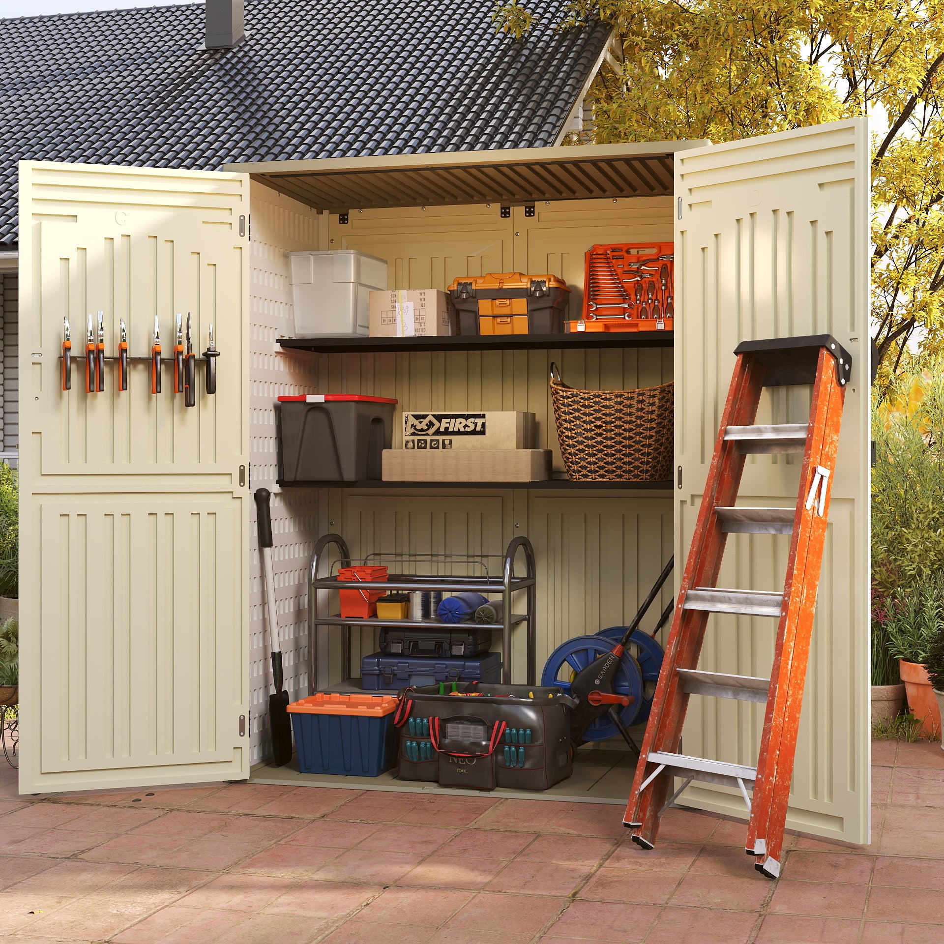 EHHLY Vertical Resin Storage Shed, 60 Cuft Garden Tool Sheds & Outdoor Storage, 5.6 x 2.3 ft,Vanilla
