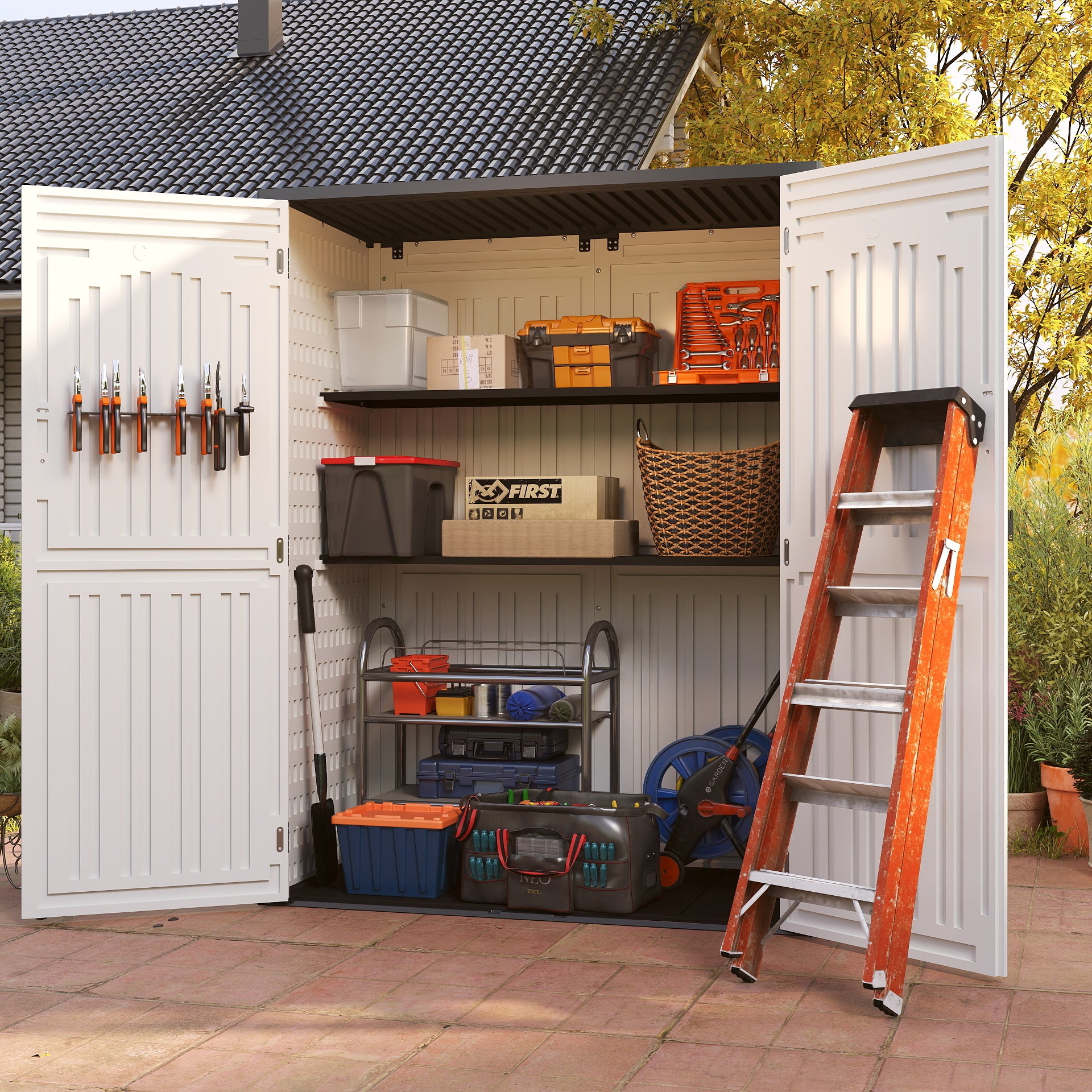 EHHLY Vertical Resin Storage Shed, 60 Cuft Garden Tool Sheds & Outdoor Storage, 5.6 x 2.3 ft, White