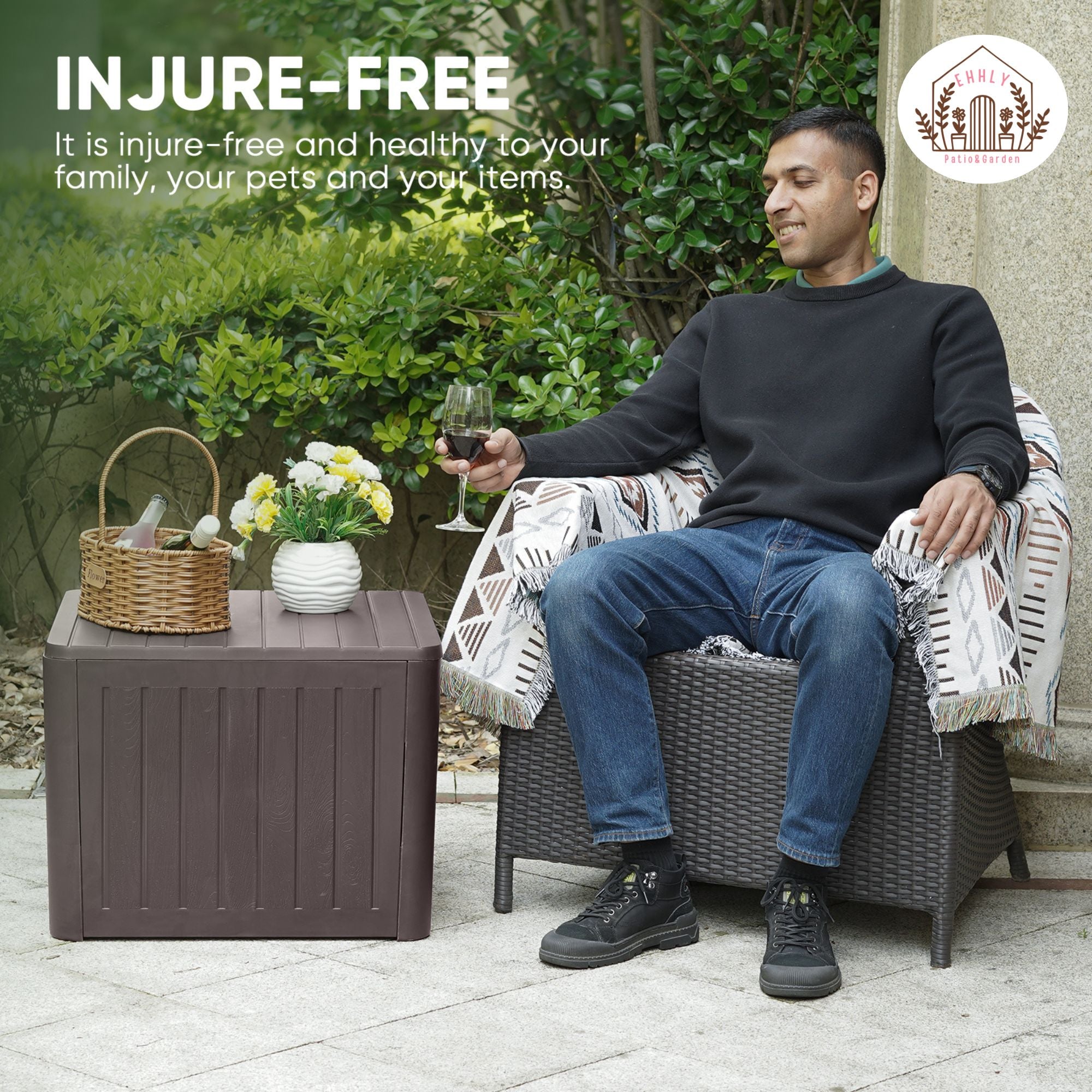 EHHLY 36 Gallon Deck Box, Patio Coffee Table with Storage, Brown