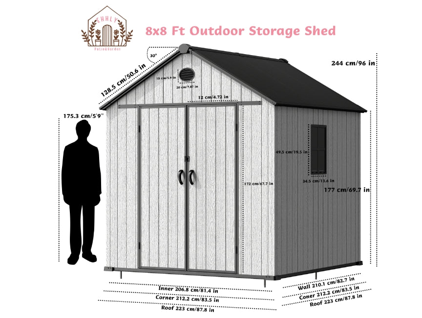 EHHLY 8x8 FT Resin Outdoor Storage Shed Large, 376 Cuft Garden Tool Sheds, Cemented Grey