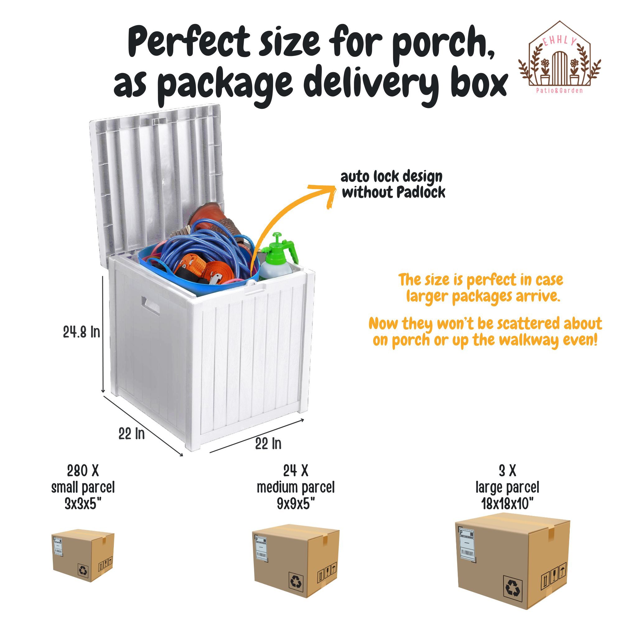 EHHLY Deck Box, 51 Gallon Front Porch Package Bin Delivery Box for Outside, Small Patio Outdoor Storage Boxes Waterproof, UV Resistant Plastic Resin Pool Storage Bins with lids, White