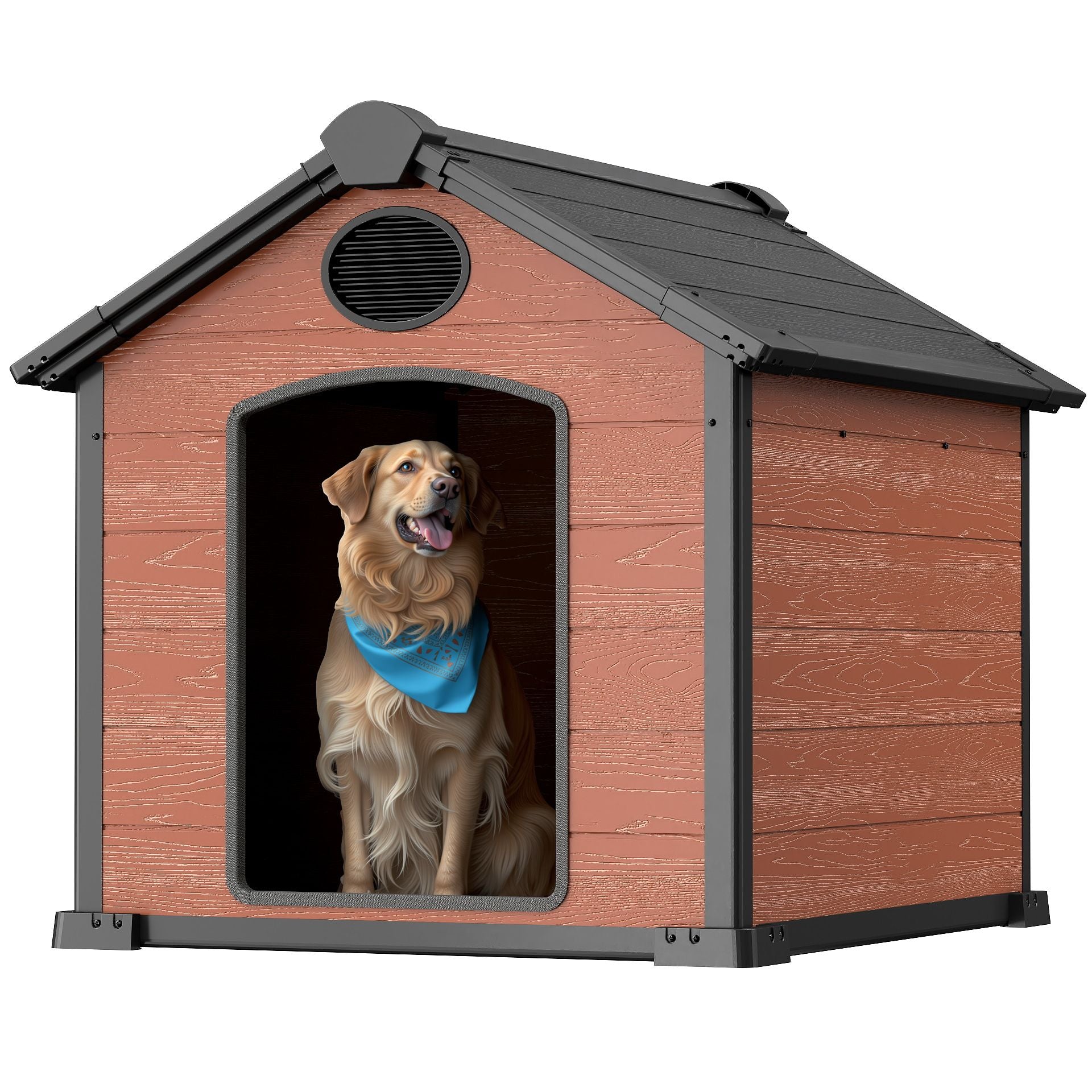 46" Large Dog House Outdoor Weatherproof, 3XL Big Dog House for 2 Large Dogs Outside, Insulated Igloo Pet House with Elevated Floor, Extra Durable Resin Plastic, 46Lx40Wx40H, Rustic Brown