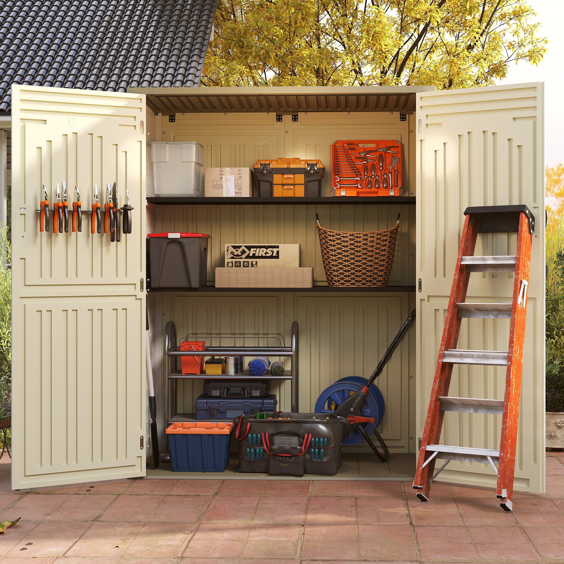 EHHLY Vertical Resin Storage Shed, 60 Cuft Garden Tool Sheds & Outdoor Storage, 5.6 x 2.3 ft,Vanilla