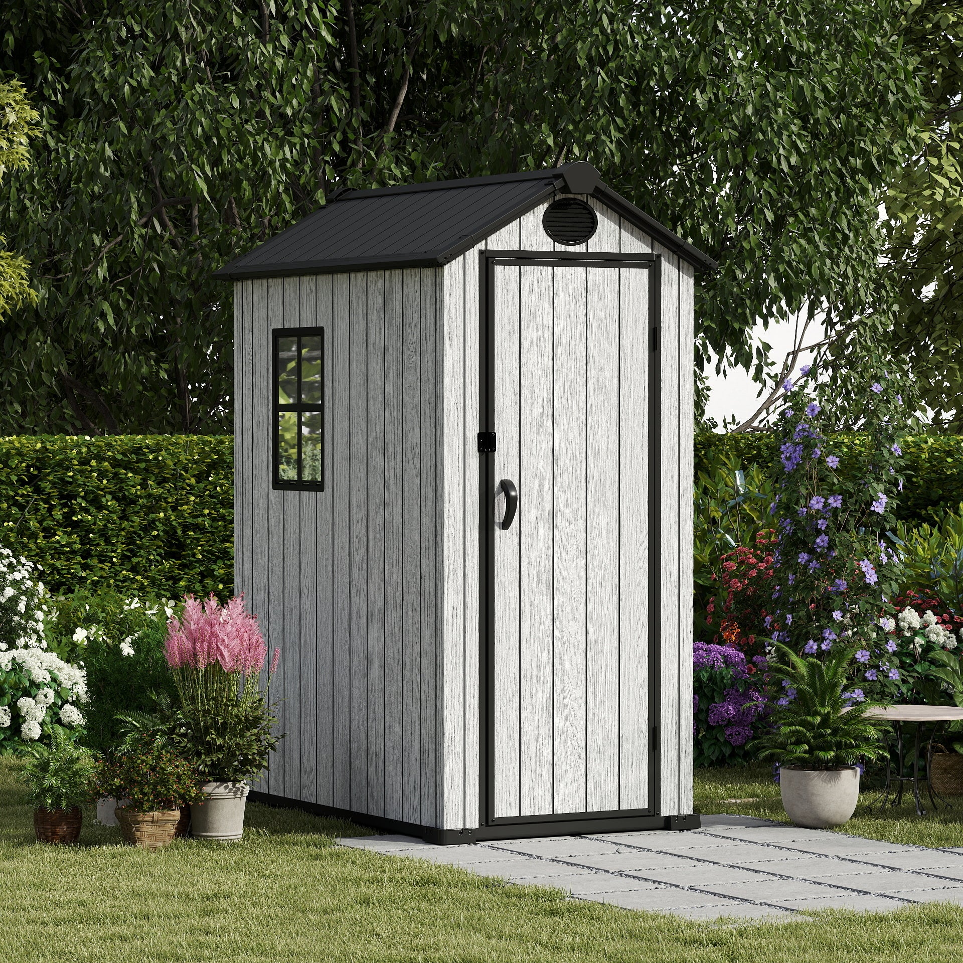 EHHLY 3.4x5.3 FT Resin Outdoor Storage Shed, 125 Cuft Garden Tool Sheds & Outdoor Storage Plastic Shed with Floor, 7FT Tall Backyard Outside Lawn Mower Storage Shed with Side Window, Cemented Grey