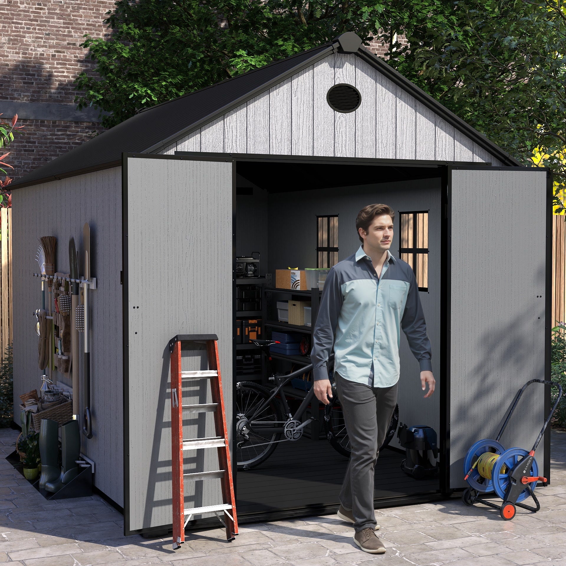 EHHLY 7x11 FT Resin Outdoor Storage Shed Large, 566 Cuft Garden Tool Sheds & Outdoor Storage Plastic Shed with Floor, 8FT Tall Backyard Outside Lawn Mower Storage Shed with Side Window, Cemented Grey