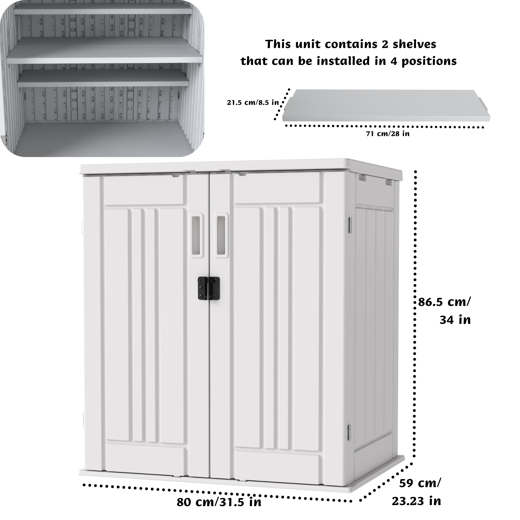 EHHLY Heavy Duty Small Storage Cabinet Outdoor Weatherproof, 14 Cuft Garage Storage Cabinet with 2 Adjustable Shelves, Lockable Kitchen Pantry Closer Organizer, 31Wx23Lx34H, White