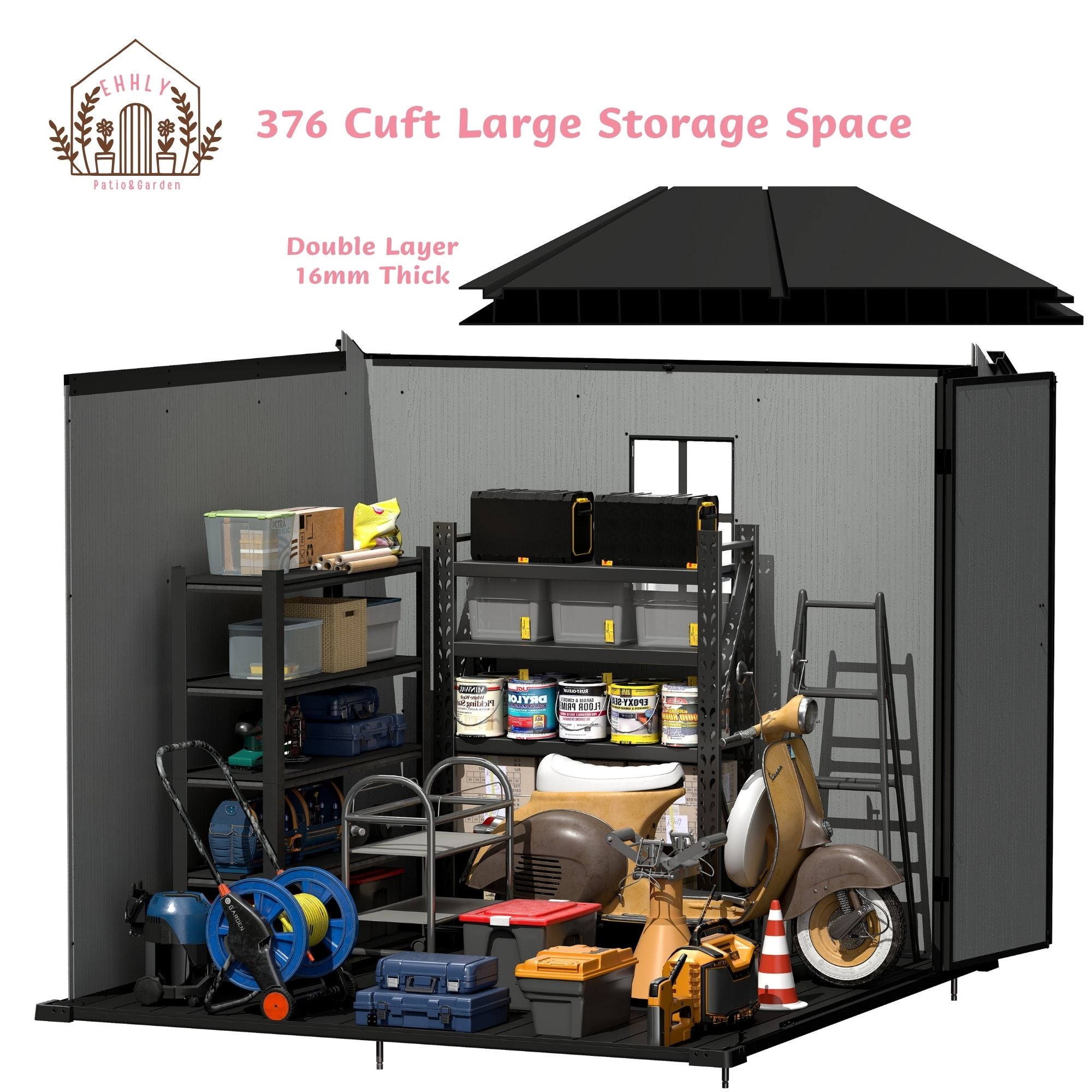 EHHLY 8x8 FT Resin Outdoor Storage Shed Large, 376 Cuft Garden Tool Sheds, Cemented Grey