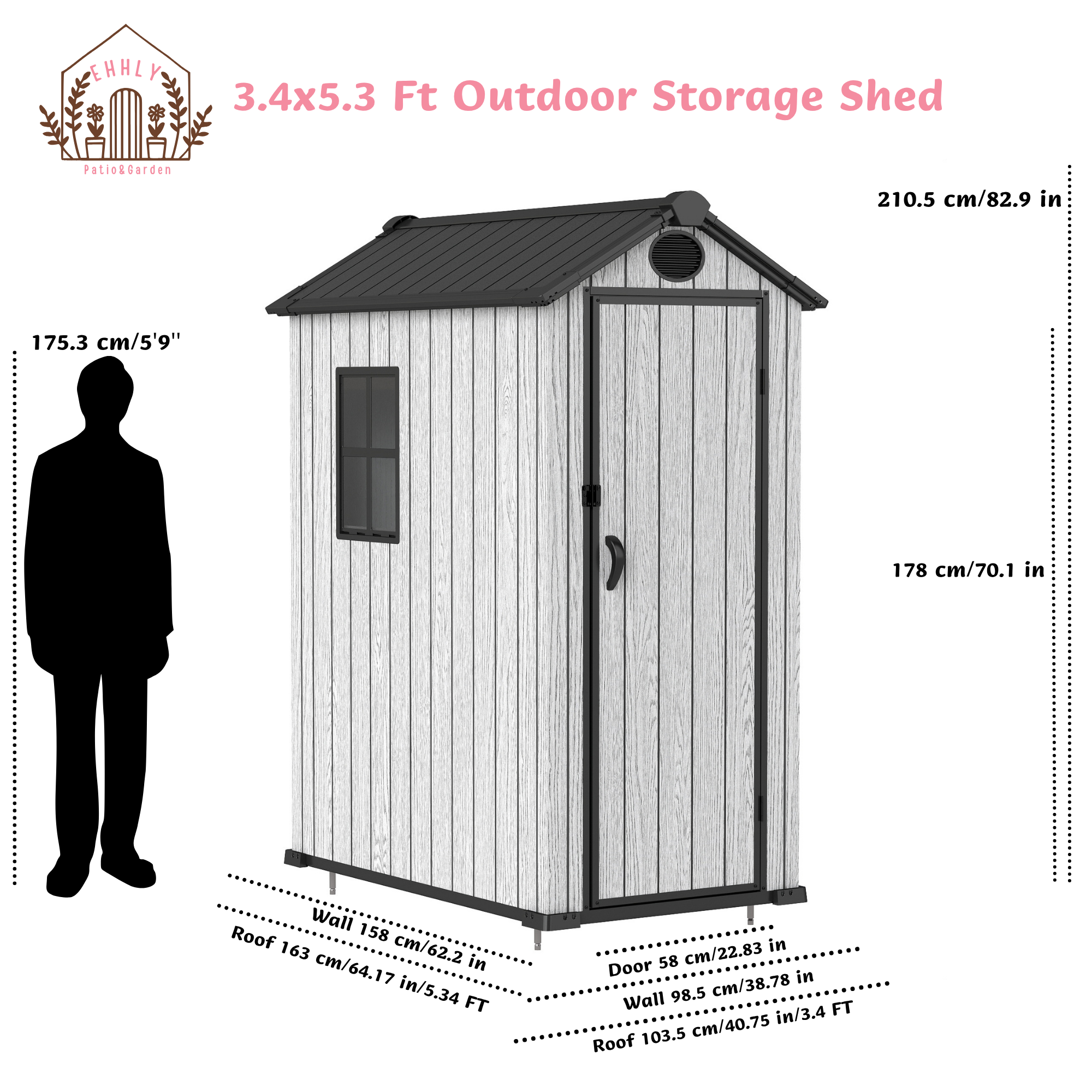 EHHLY 3.4x5.3 FT Resin Outdoor Storage Shed, 125 Cuft Garden Tool Sheds & Outdoor Storage Plastic Shed with Floor, 7FT Tall Backyard Outside Lawn Mower Storage Shed with Side Window, Cemented Grey