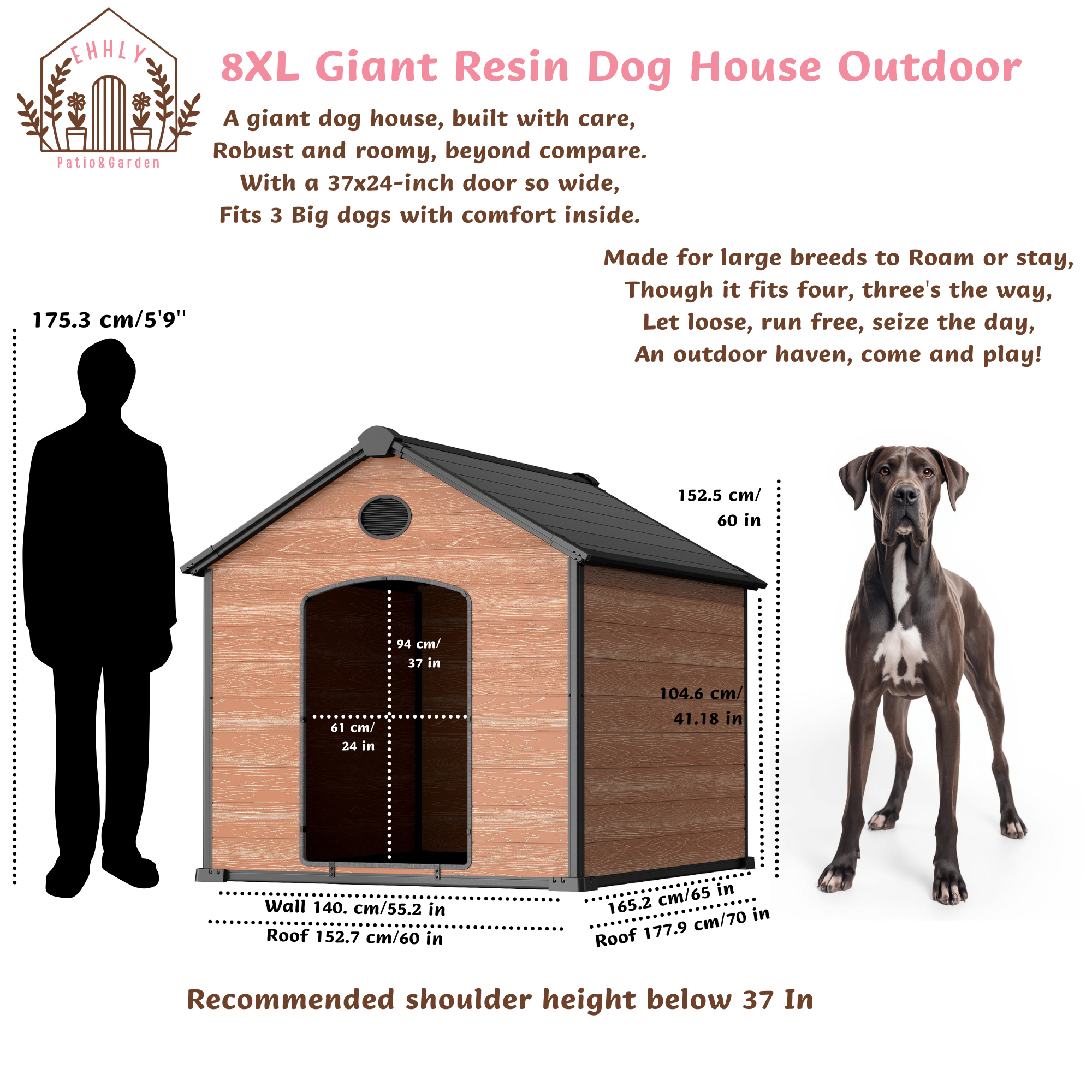 EHHLY 70" Extra Large Dog House Outdoor Weatherproof, 8XL Big Dog House for 5 Large Dogs Outside, Insulated Igloo Pet House with Elevated Floor, Extra Durable Resin Plastic, 70Lx60Wx60H, Rustic Brown