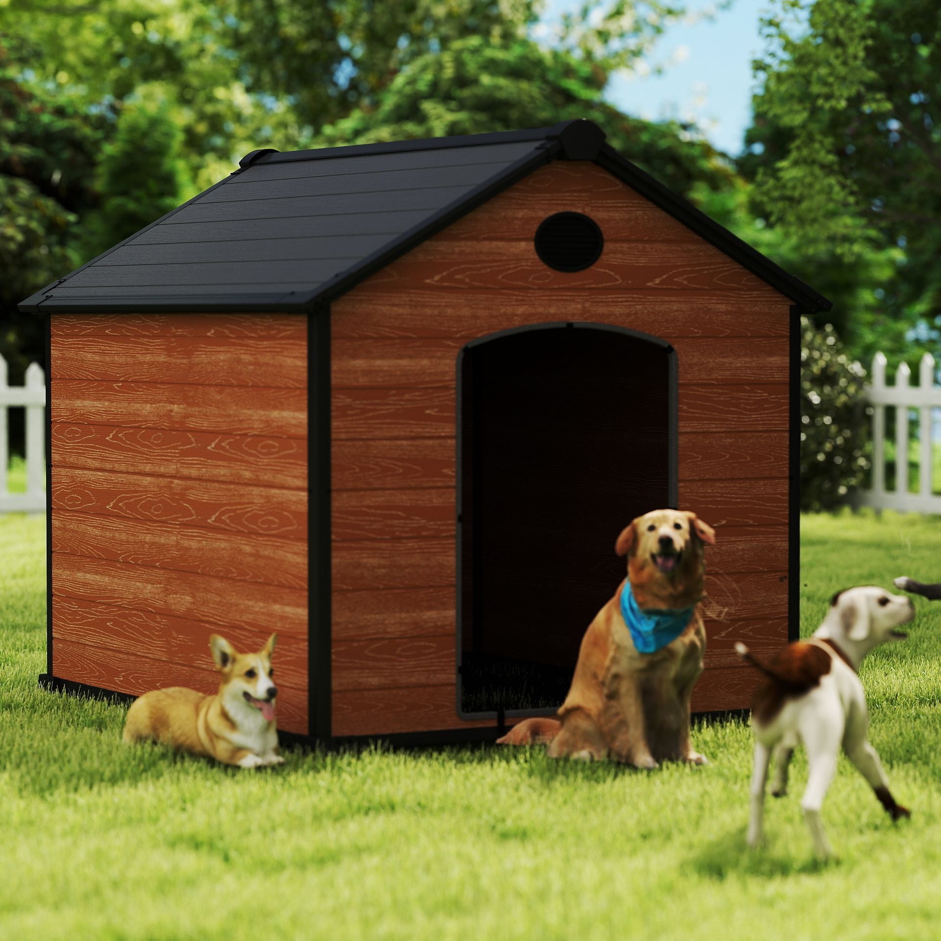 EHHLY 70" Extra Large Dog House Outdoor Weatherproof, 8XL Big Dog House for 5 Large Dogs Outside, Insulated Igloo Pet House with Elevated Floor, Extra Durable Resin Plastic, 70Lx60Wx60H, Rustic Brown