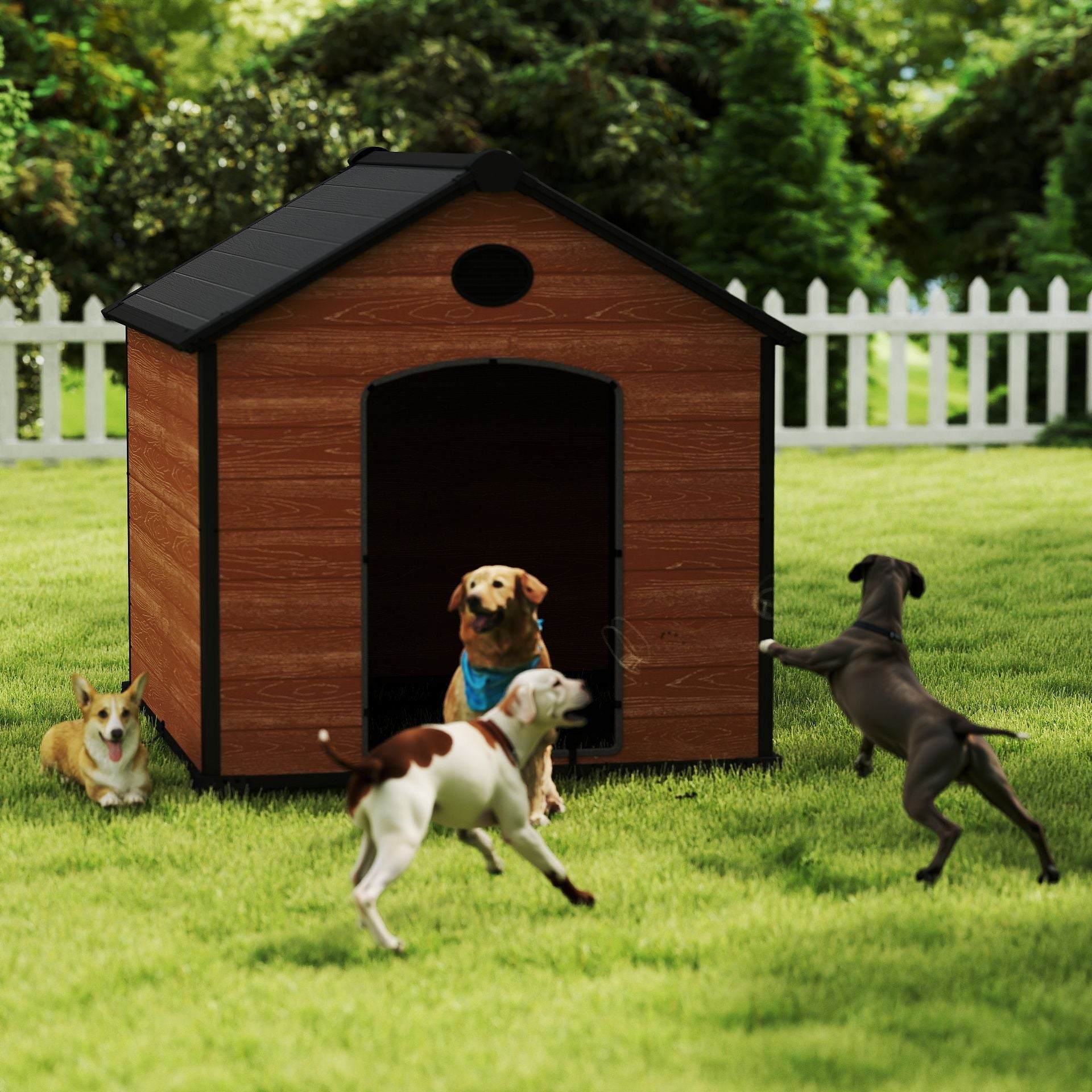 EHHLY 70" Extra Large Dog House Outdoor Weatherproof, 8XL Big Dog House for 5 Large Dogs Outside, Insulated Igloo Pet House with Elevated Floor, Extra Durable Resin Plastic, 70Lx60Wx60H, Rustic Brown