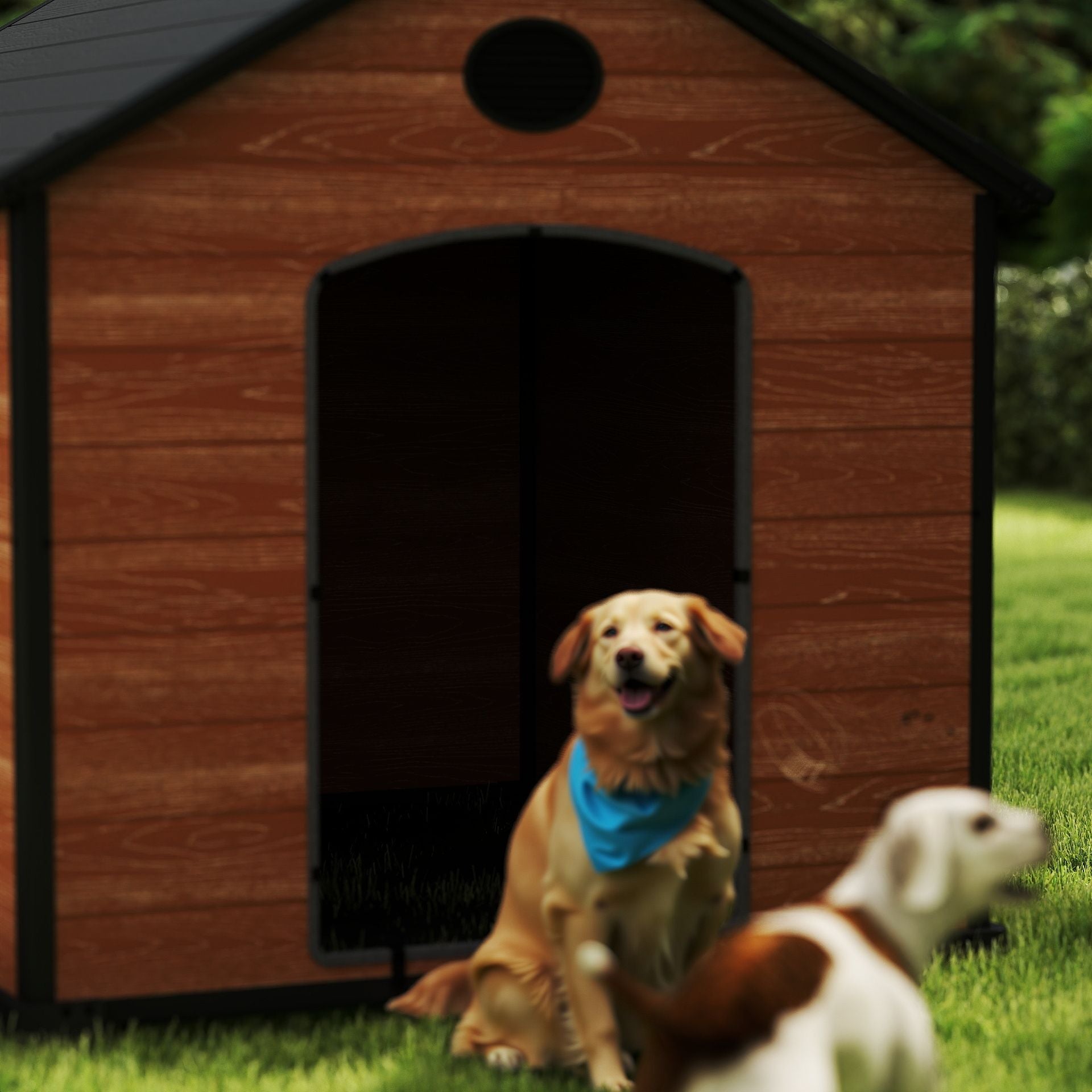 EHHLY 70" Extra Large Dog House Outdoor Weatherproof, 8XL Big Dog House for 5 Large Dogs Outside, Insulated Igloo Pet House with Elevated Floor, Extra Durable Resin Plastic, 70Lx60Wx60H, Rustic Brown