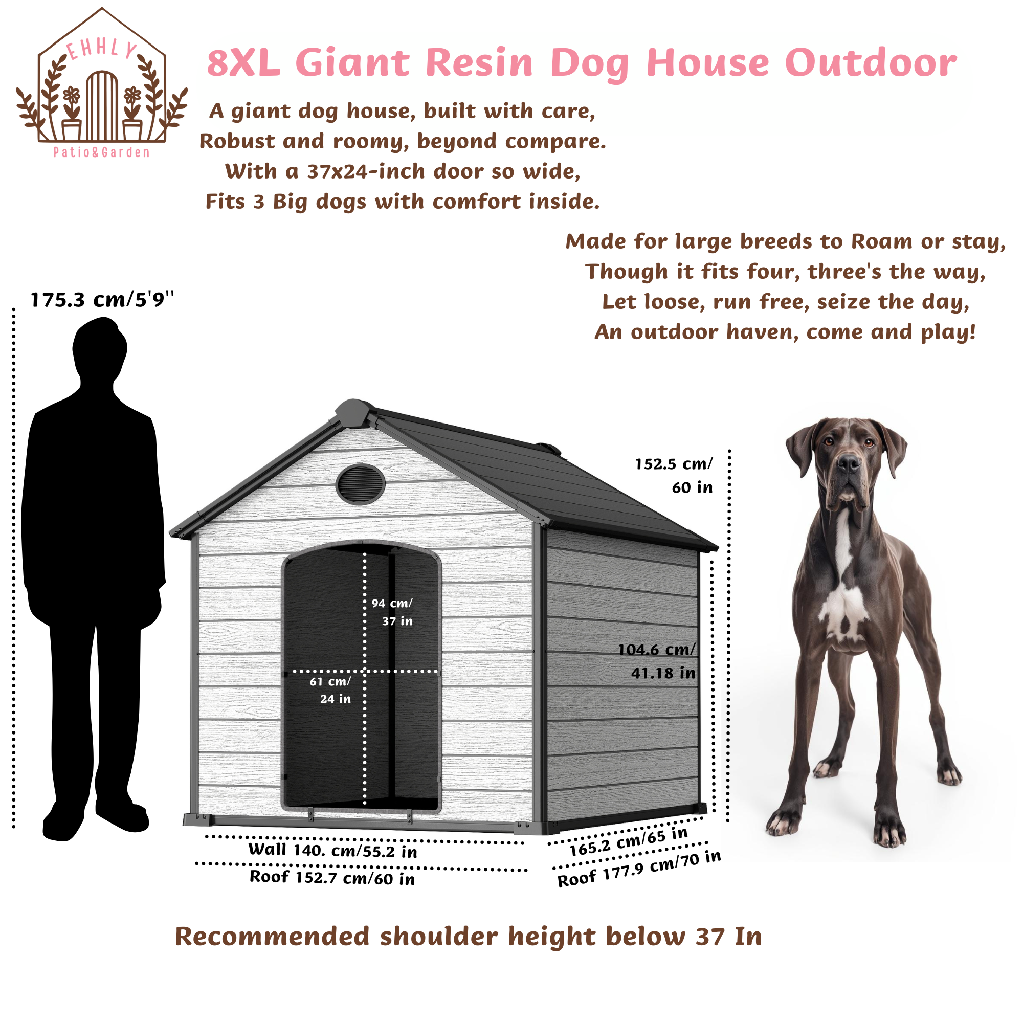 EHHLY 70" Extra Large Dog House Outdoor Weatherproof, 8XL Big Dog House for 5 Large Dogs Outside, Insulated Igloo Pet House with Elevated Floor, Extra Durable Resin Plastic, 70Lx60Wx60H, Cemented Grey