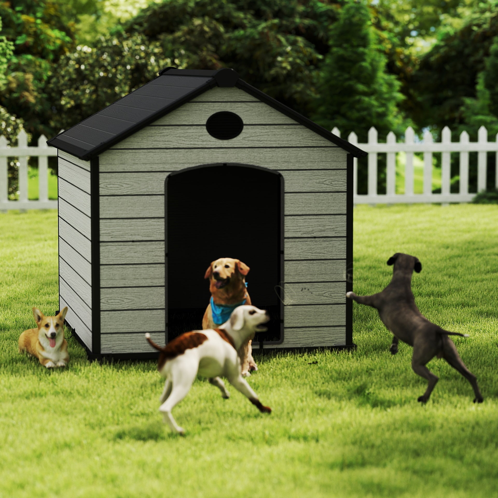 EHHLY 70" Extra Large Dog House Outdoor Weatherproof, 8XL Big Dog House for 5 Large Dogs Outside, Insulated Igloo Pet House with Elevated Floor, Extra Durable Resin Plastic, 70Lx60Wx60H, Cemented Grey