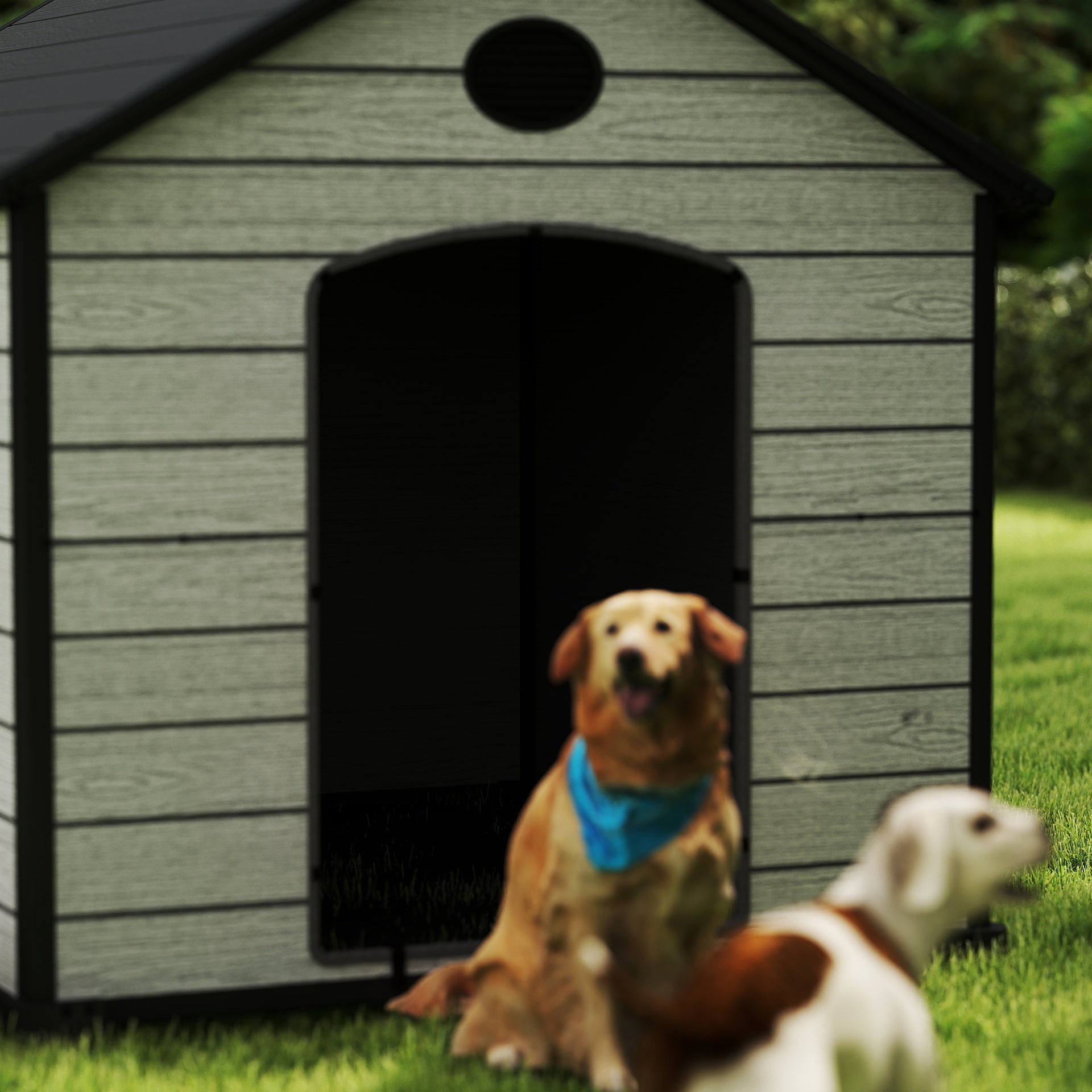 EHHLY 70" Extra Large Dog House Outdoor Weatherproof, 8XL Big Dog House for 5 Large Dogs Outside, Insulated Igloo Pet House with Elevated Floor, Extra Durable Resin Plastic, 70Lx60Wx60H, Cemented Grey
