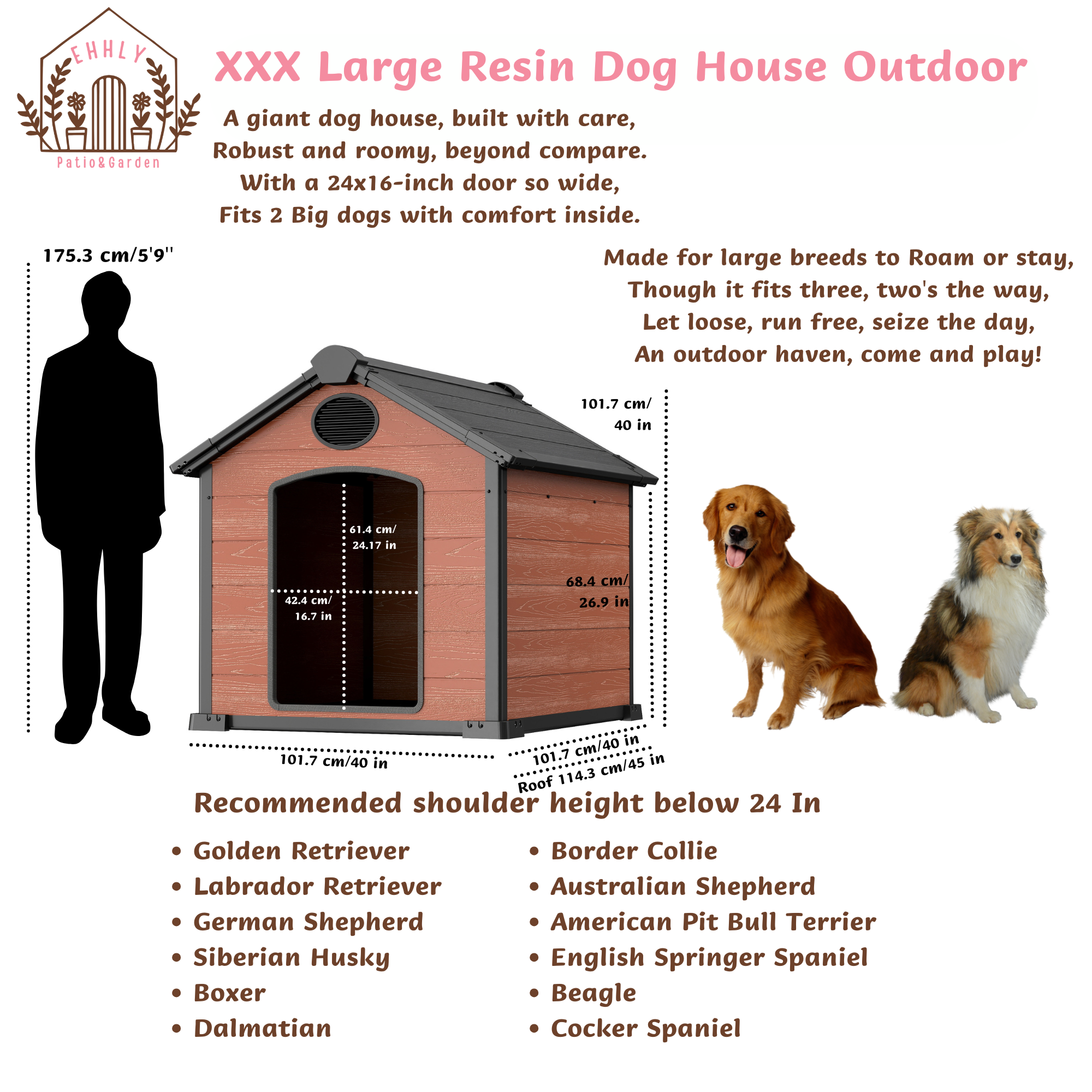 46" Large Dog House Outdoor Weatherproof, 3XL Big Dog House for 2 Large Dogs Outside, Insulated Igloo Pet House with Elevated Floor, Extra Durable Resin Plastic, 46Lx40Wx40H, Rustic Brown