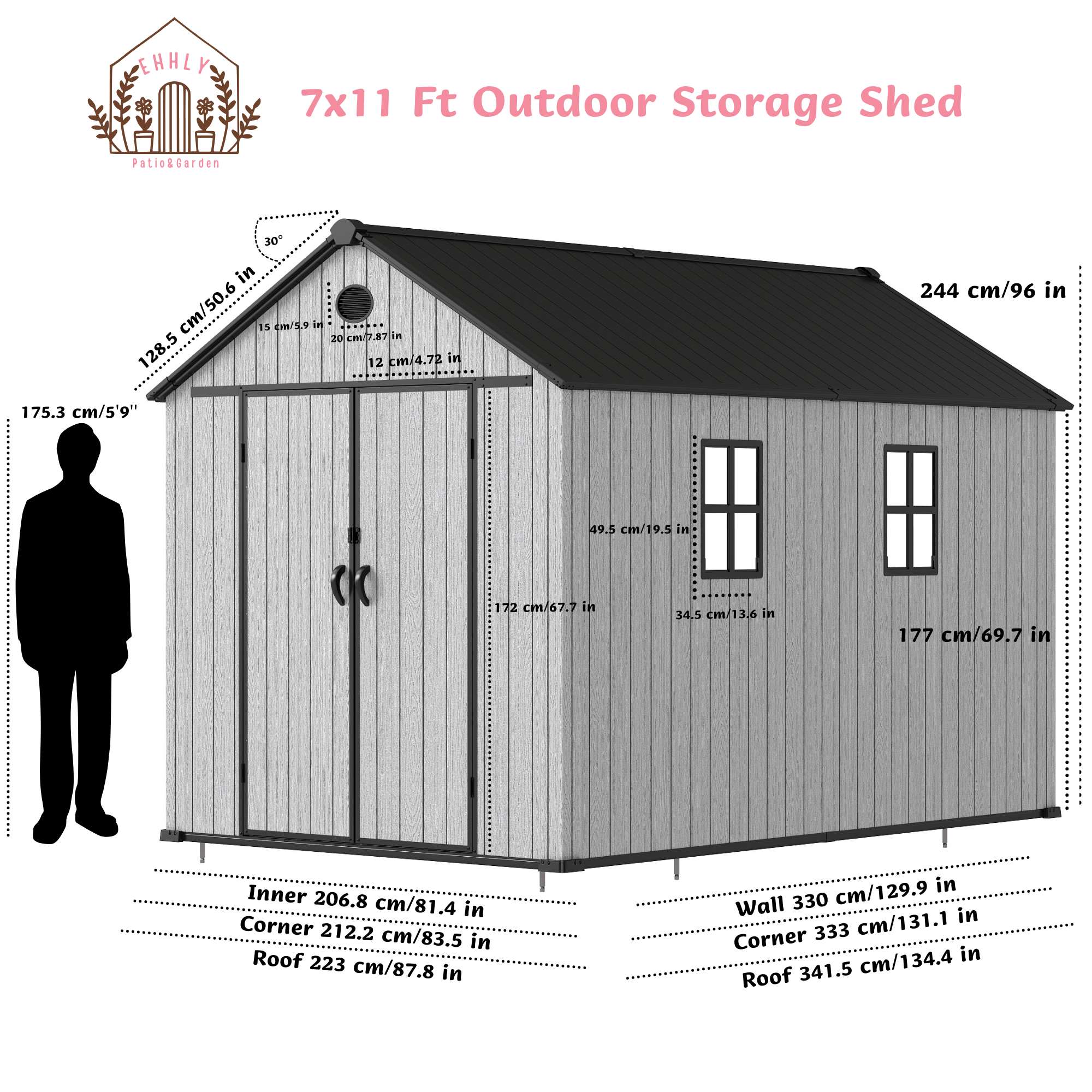 EHHLY 7x11 FT Resin Outdoor Storage Shed Large, 566 Cuft Garden Tool Sheds & Outdoor Storage Plastic Shed with Floor, 8FT Tall Backyard Outside Lawn Mower Storage Shed with Side Window, Cemented Grey