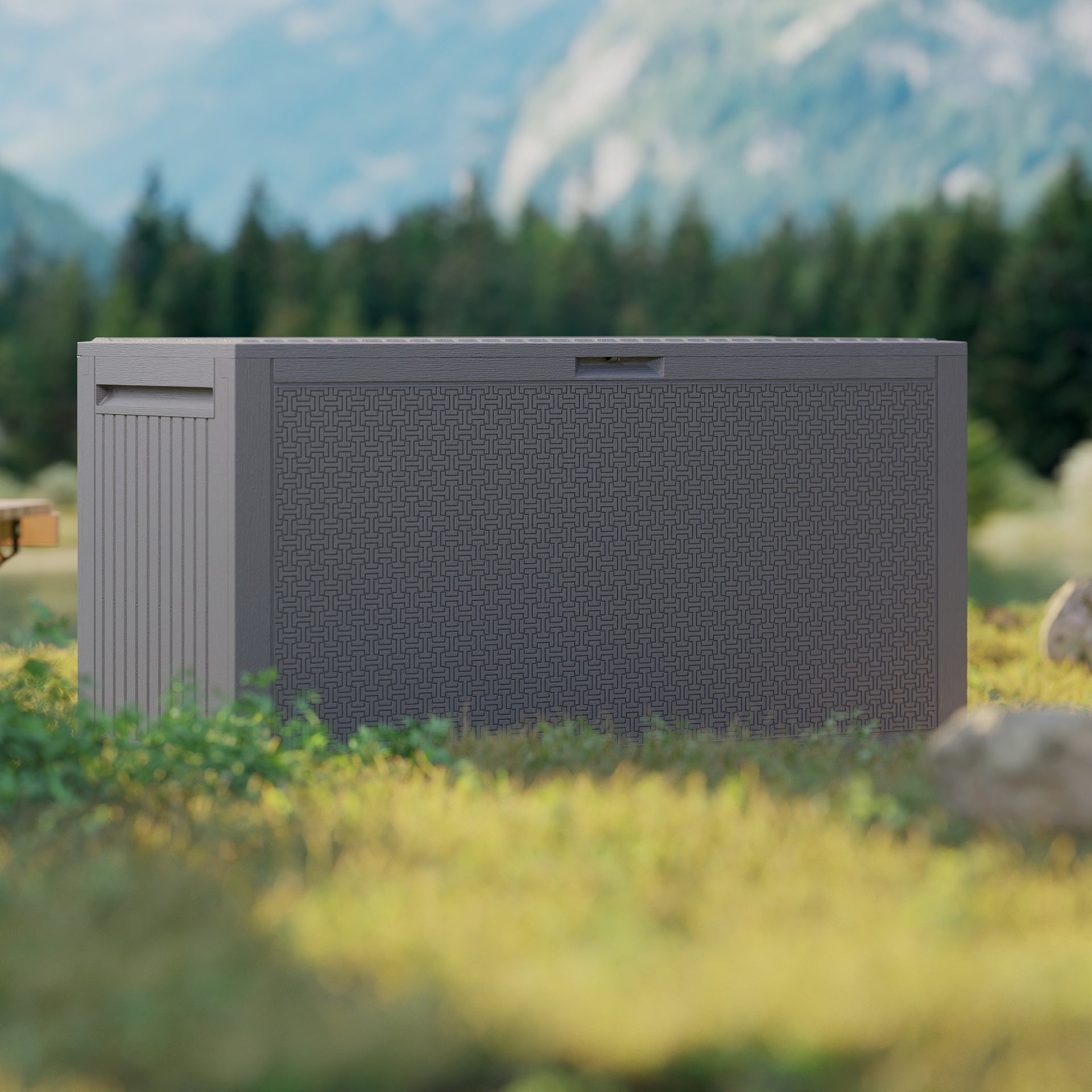 EHHLY 90 Gallon Outdoor Storage Box, Lockable Package Outside Storage Box Waterproof, Patio Cushions Deck Storage Boxes, Rattan Plastic Garden Hose Containers Resin Pool Storage Bins with lids, Grey