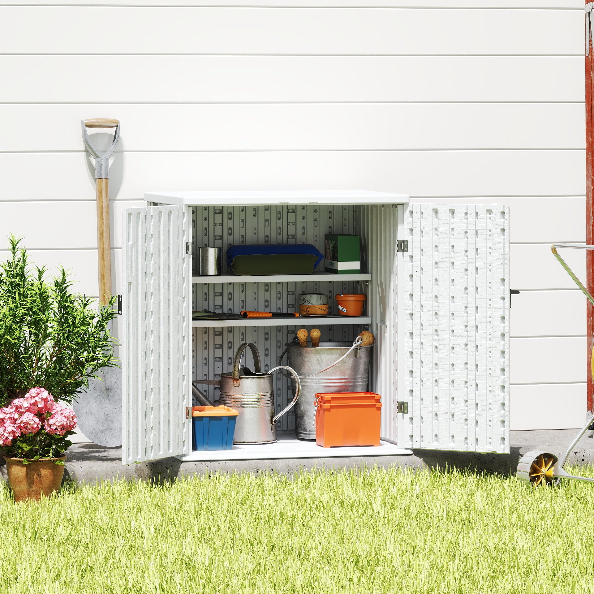 EHHLY Heavy Duty Small Storage Cabinet Outdoor Weatherproof, 14 Cuft Garage Storage Cabinet with 2 Adjustable Shelves, Lockable Kitchen Pantry Closer Organizer, 31Wx23Lx34H, White