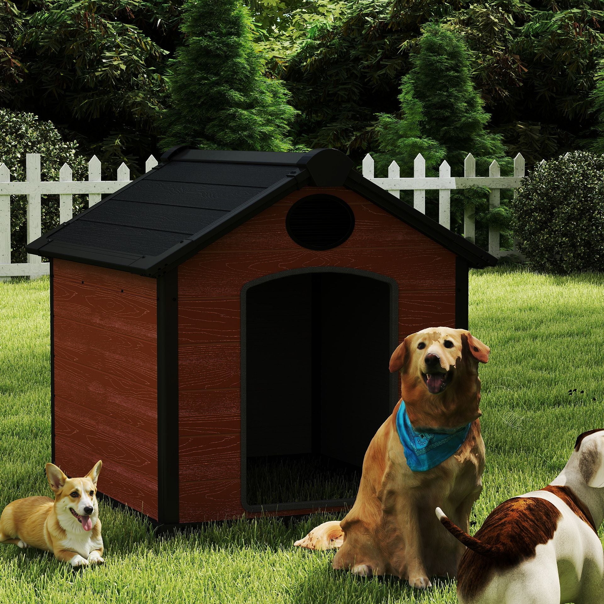 46" Large Dog House Outdoor Weatherproof, 3XL Big Dog House for 2 Large Dogs Outside, Insulated Igloo Pet House with Elevated Floor, Extra Durable Resin Plastic, 46Lx40Wx40H, Rustic Brown