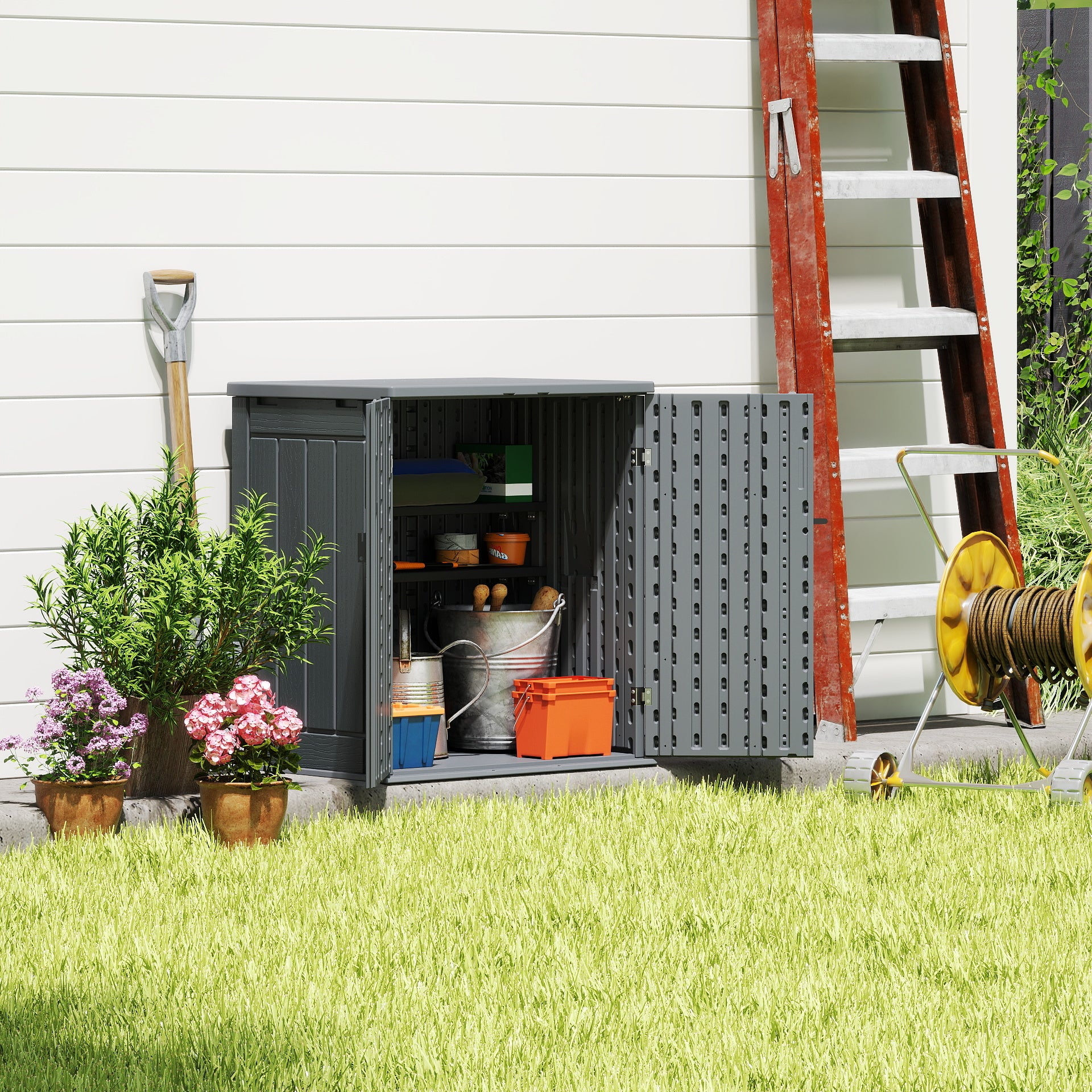 EHHLY Heavy Duty Small Storage Cabinet Outdoor Weatherproof, 14 Cuft Garage Storage Cabinet with 2 Adjustable Shelves, Lockable Kitchen Pantry Closer Organizer, 31Wx23Lx34H, Sage Grey