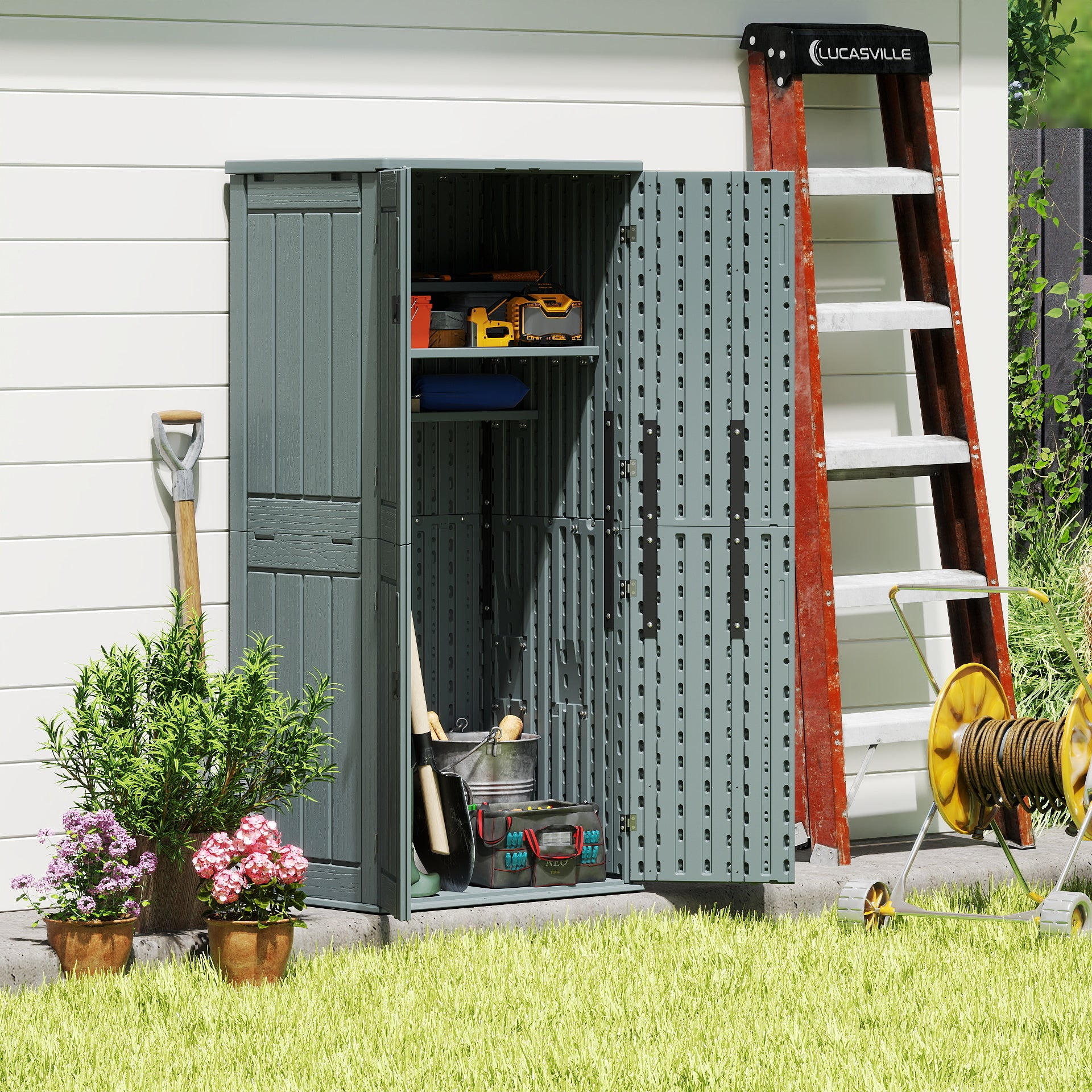 EHHLY Heavy Duty Tall Storage Cabinet Outdoor Weatherproof, 28 Cuft Garage Storage Cabinet with 4 Adjustable Shelves, Lockable Kitchen Pantry Closer Organizer, 31Wx23Lx66H, Sage Grey