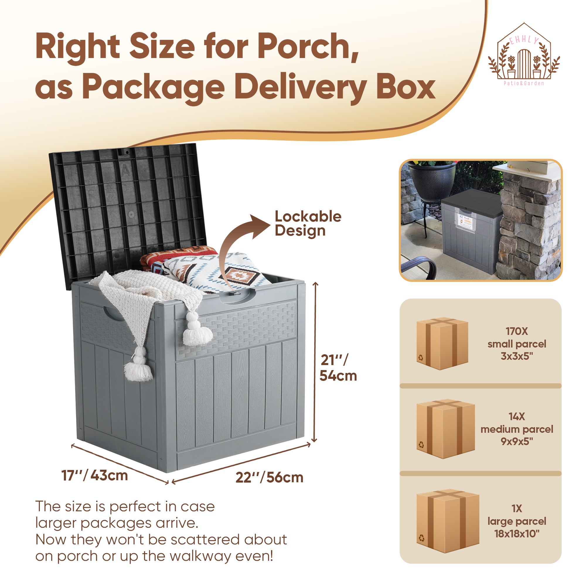 EHHLY 33 Gallon Deck Box, Small Outdoor Storage Box Waterproof, Black and Grey