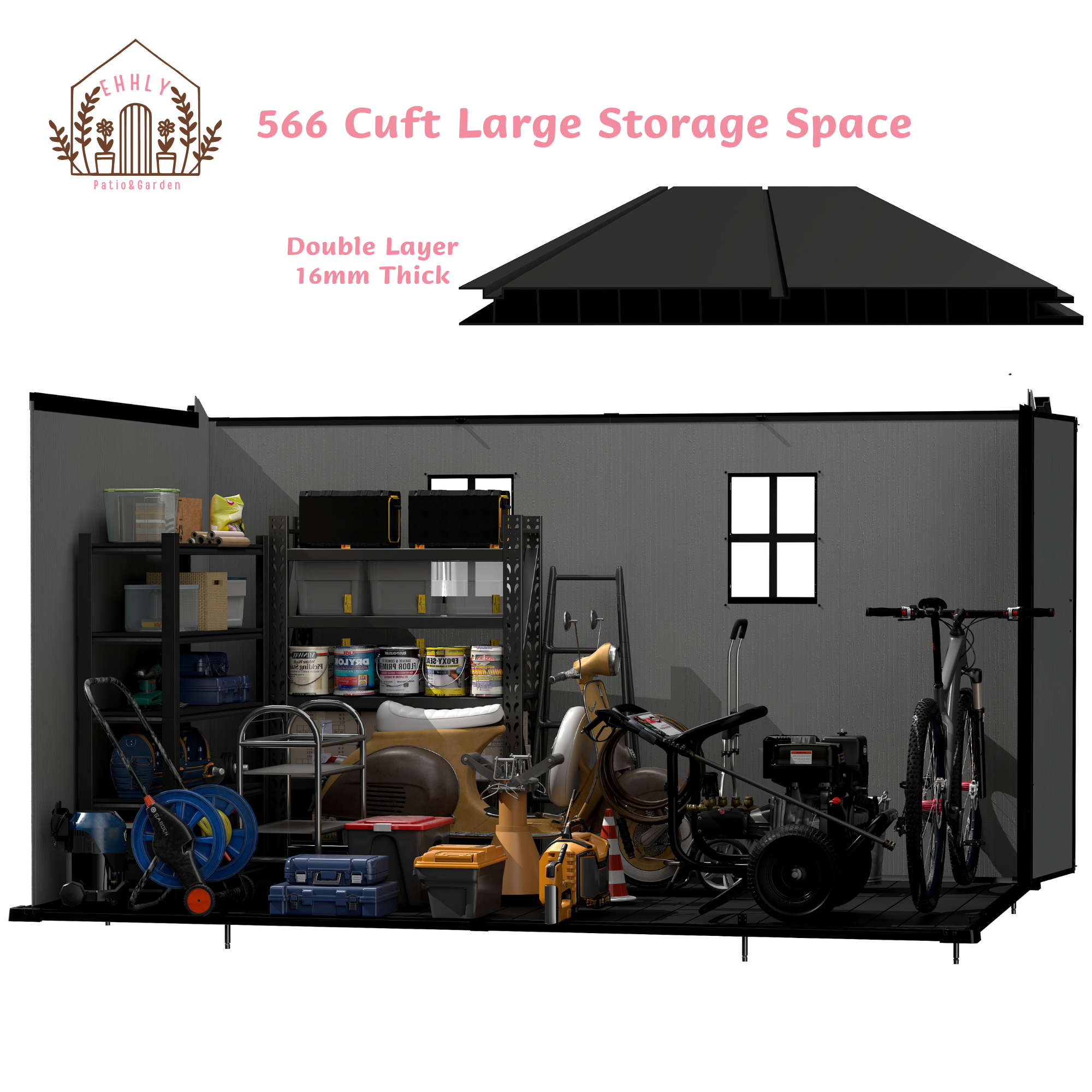 EHHLY 7x11 FT Resin Outdoor Storage Shed Large, 566 Cuft Garden Tool Sheds & Outdoor Storage Plastic Shed with Floor, 8FT Tall Backyard Outside Lawn Mower Storage Shed with Side Window, Cemented Grey