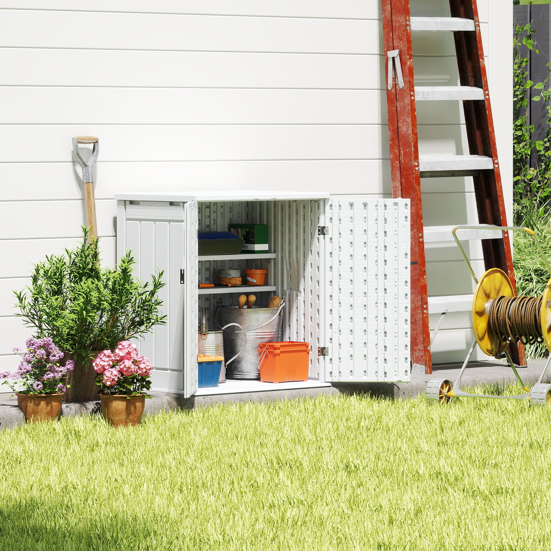 EHHLY Heavy Duty Small Storage Cabinet Outdoor Weatherproof, 14 Cuft Garage Storage Cabinet with 2 Adjustable Shelves, Lockable Kitchen Pantry Closer Organizer, 31Wx23Lx34H, White
