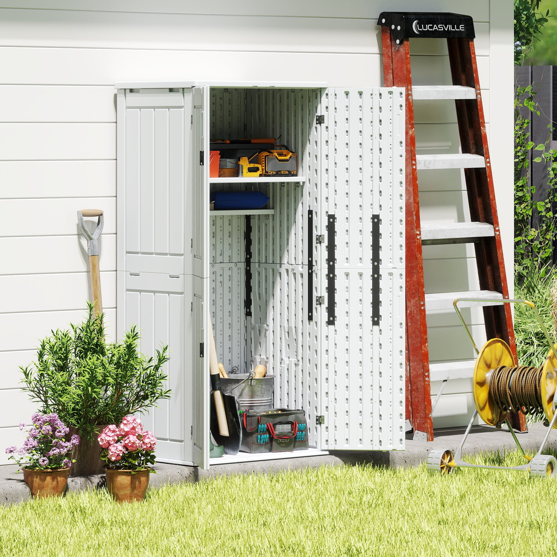 EHHLY Heavy Duty Tall Storage Cabinet Outdoor Weatherproof, 28 Cuft Garage Storage Cabinet with 4 Adjustable Shelves, Lockable Kitchen Pantry Closer Organizer, 31Wx23Lx66H, Polar White