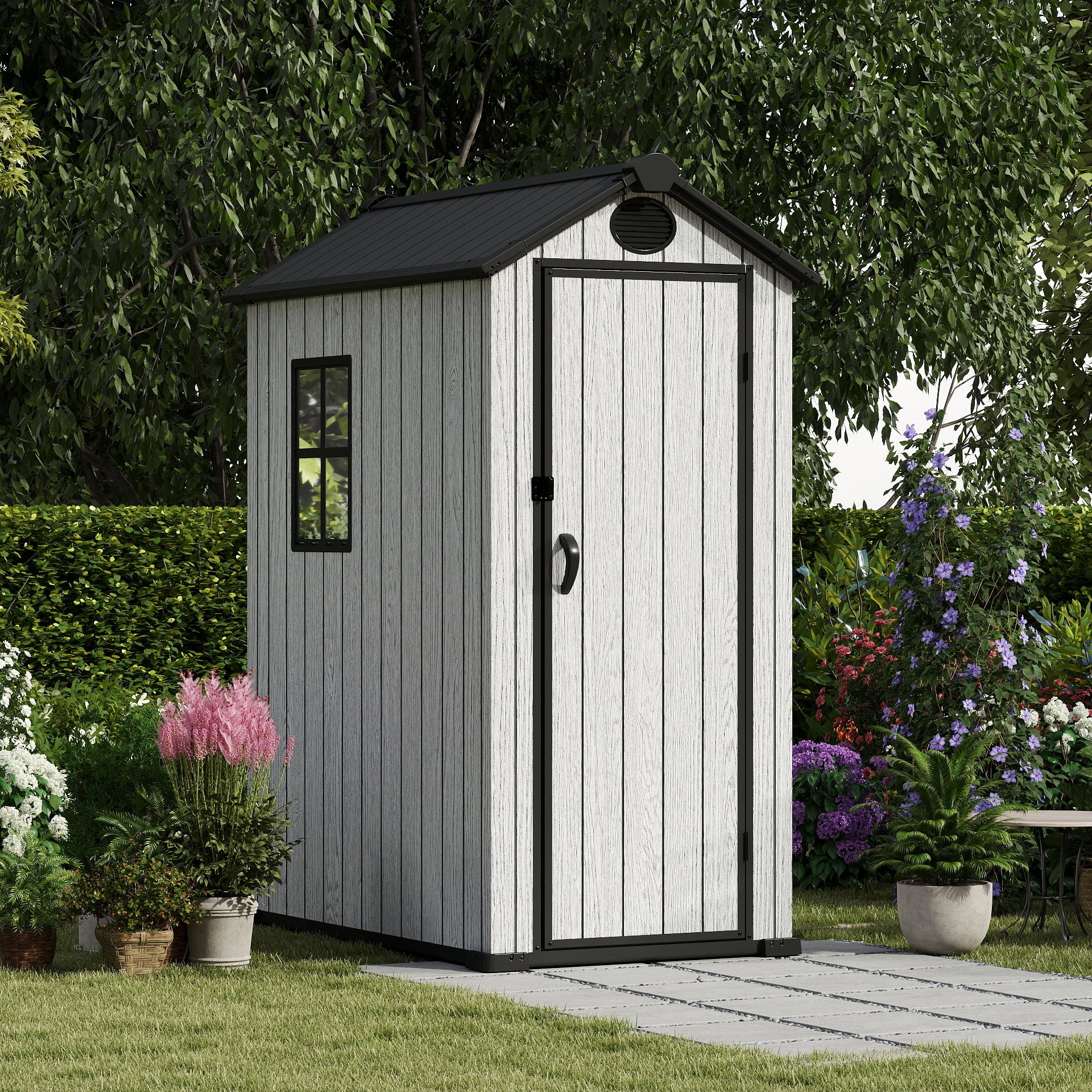 EHHLY 3.4x5.3 FT Resin Outdoor Storage Shed, 125 Cuft Garden Tool Sheds & Outdoor Storage Plastic Shed with Floor, 7FT Tall Backyard Outside Lawn Mower Storage Shed with Side Window, Cemented Grey