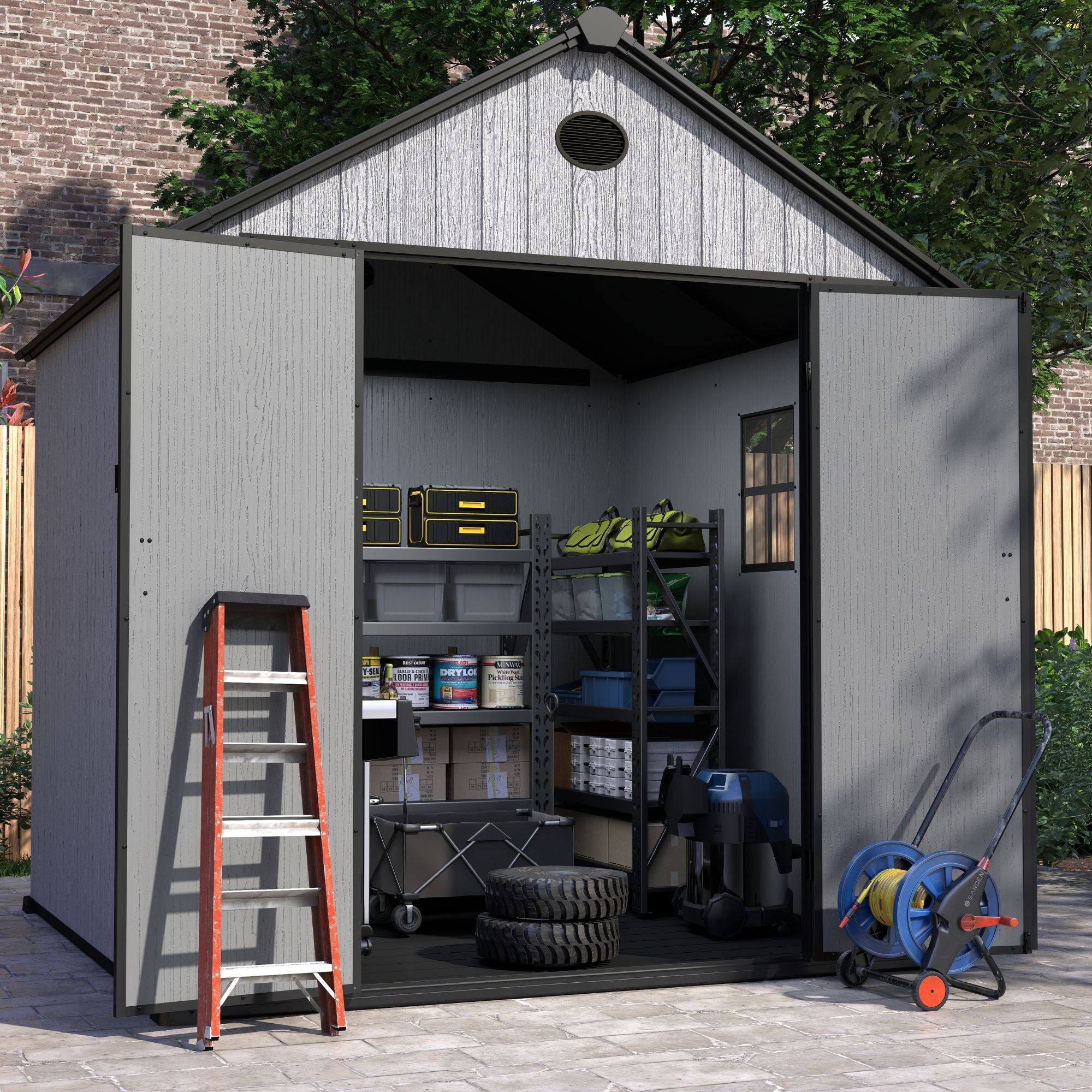 EHHLY 8x8 FT Resin Outdoor Storage Shed Large, 376 Cuft Garden Tool Sheds, Cemented Grey