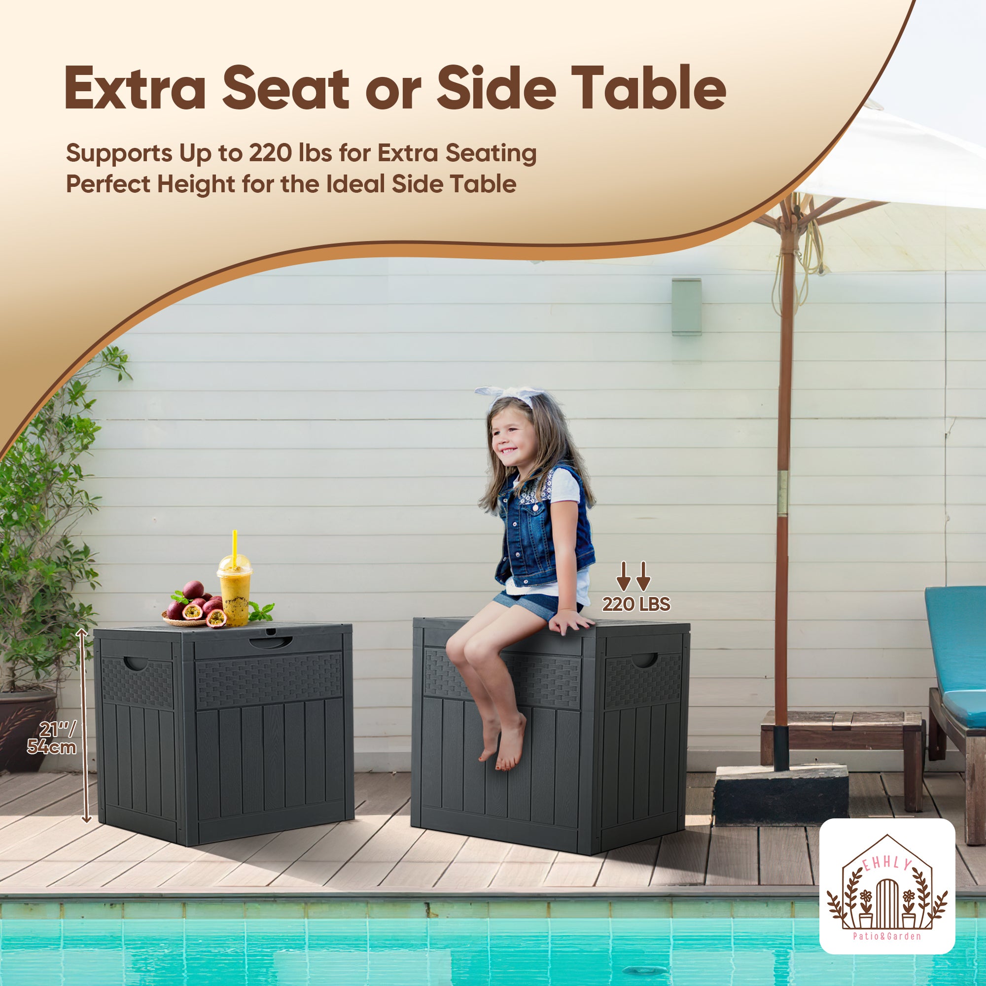 EHHLY 33 Gallon Deck Box, Small Outdoor Storage Box Waterproof, Grey