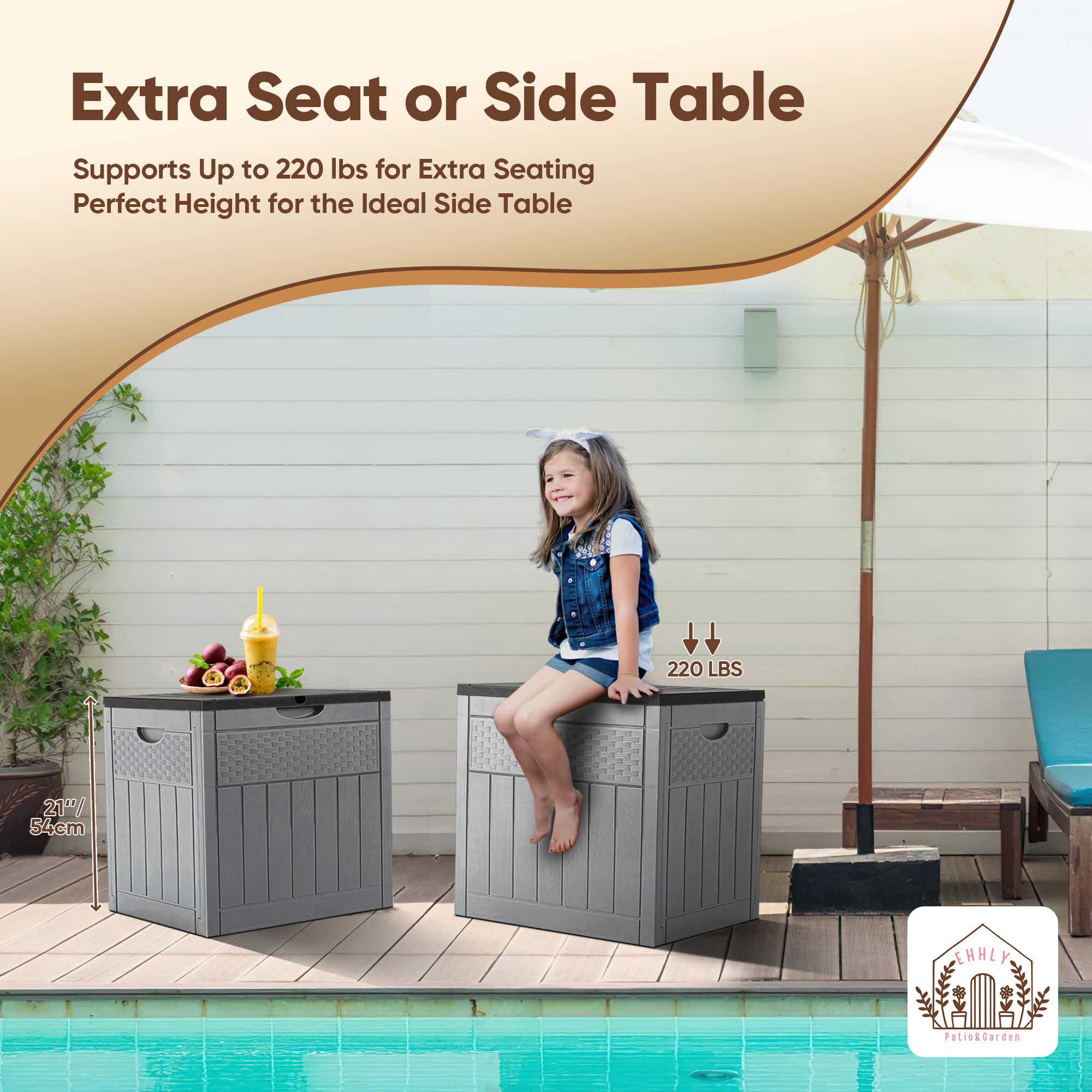 EHHLY 33 Gallon Deck Box, Small Outdoor Storage Box Waterproof, Black and Grey