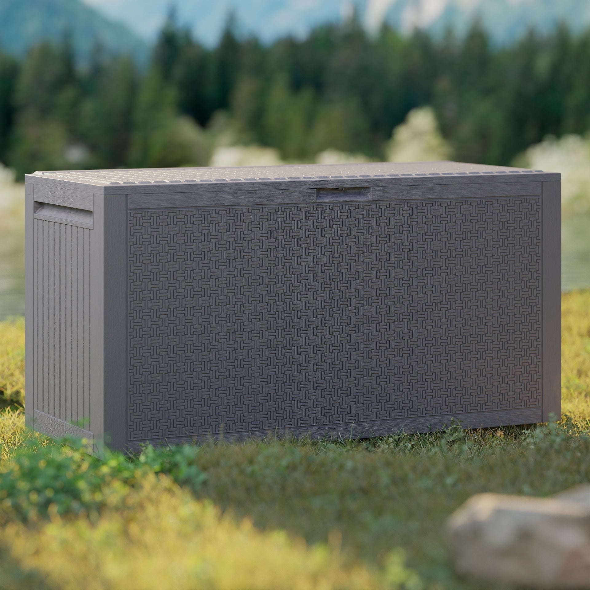 EHHLY 90 Gallon Outdoor Storage Box, Lockable Package Outside Storage Box Waterproof, Patio Cushions Deck Storage Boxes, Rattan Plastic Garden Hose Containers Resin Pool Storage Bins with lids, Grey