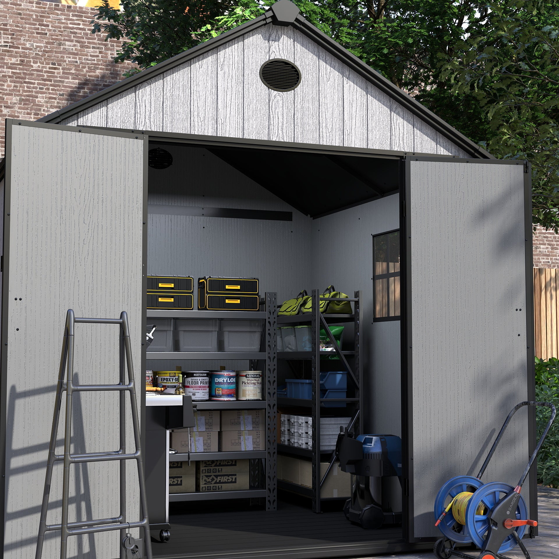 EHHLY 8x8 FT Resin Outdoor Storage Shed Large, 376 Cuft Garden Tool Sheds, Cemented Grey
