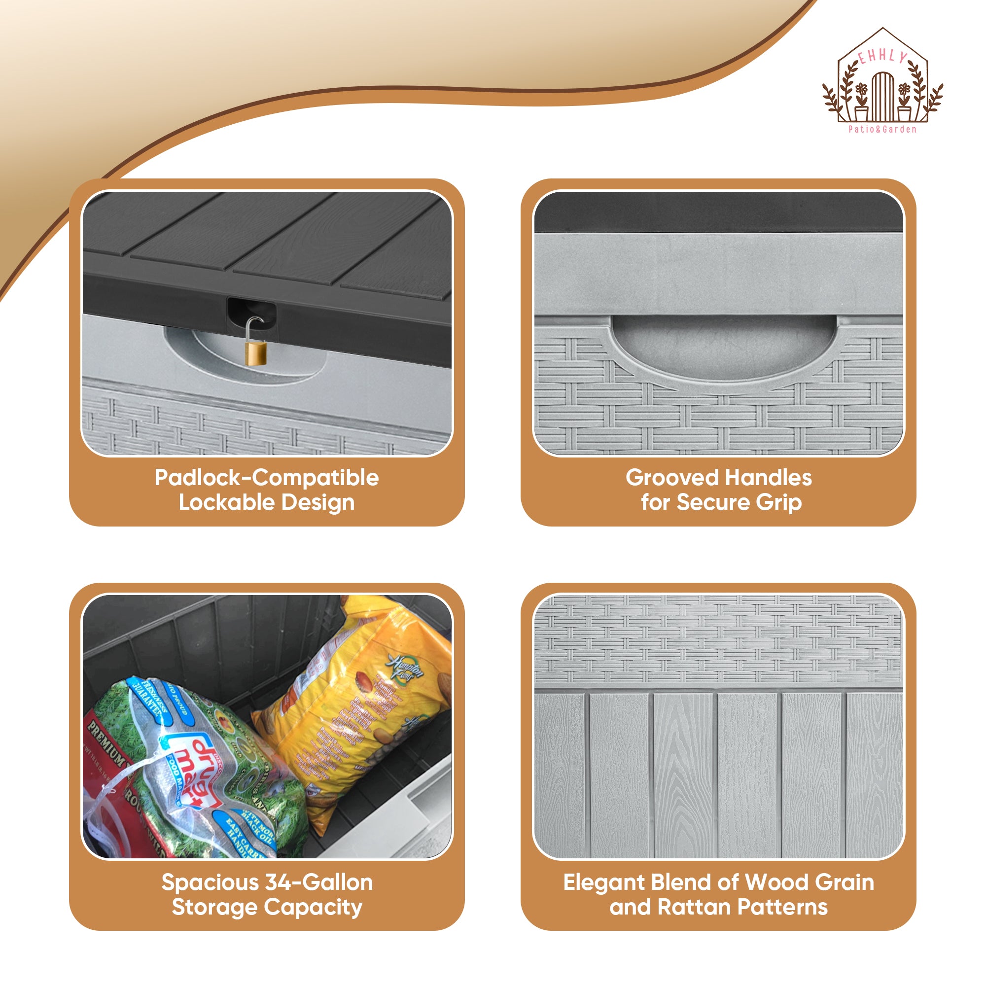 EHHLY 33 Gallon Deck Box, Small Outdoor Storage Box Waterproof, Black and Grey