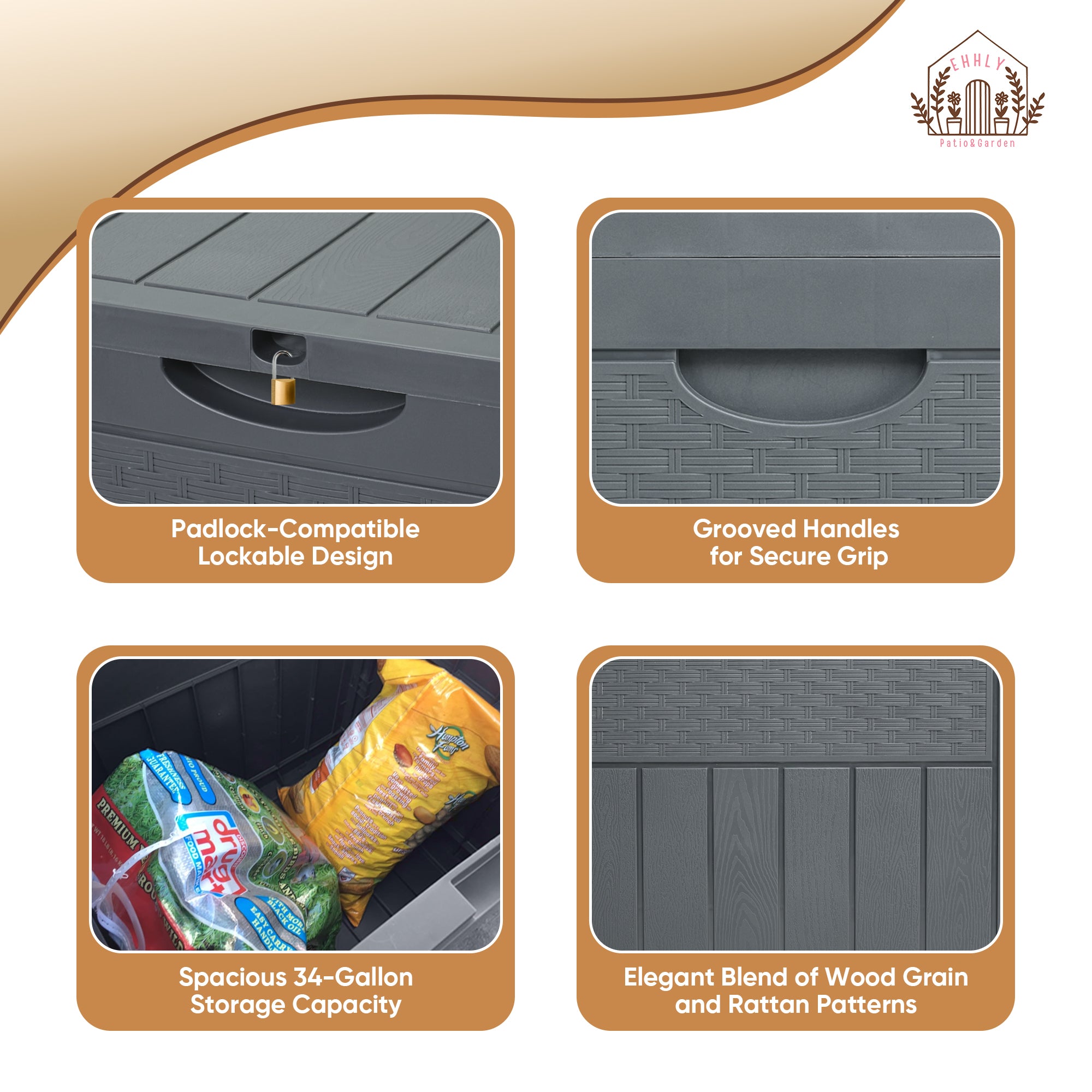 EHHLY 33 Gallon Deck Box, Small Outdoor Storage Box Waterproof, Grey