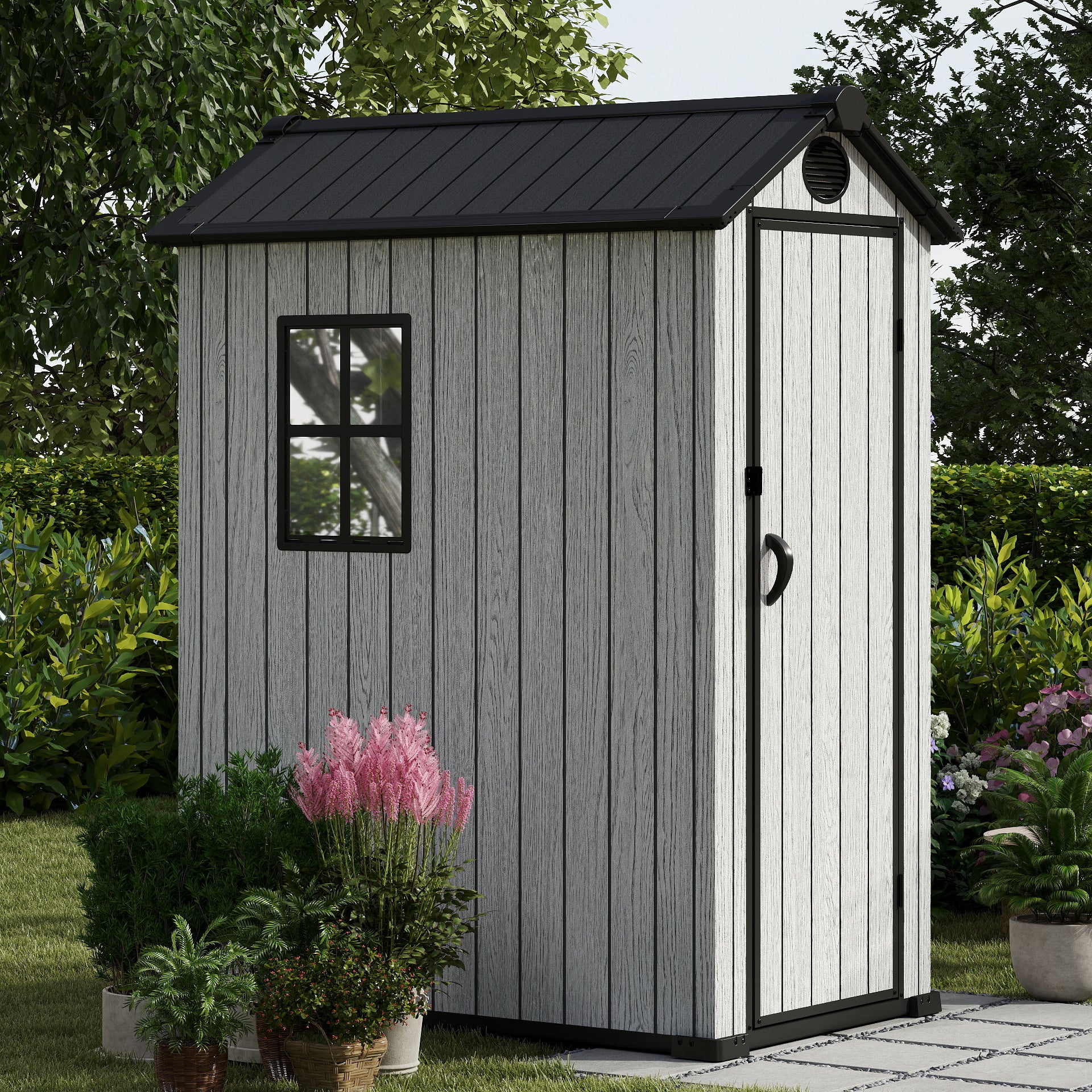 EHHLY 3.4x5.3 FT Resin Outdoor Storage Shed, 125 Cuft Garden Tool Sheds & Outdoor Storage Plastic Shed with Floor, 7FT Tall Backyard Outside Lawn Mower Storage Shed with Side Window, Cemented Grey