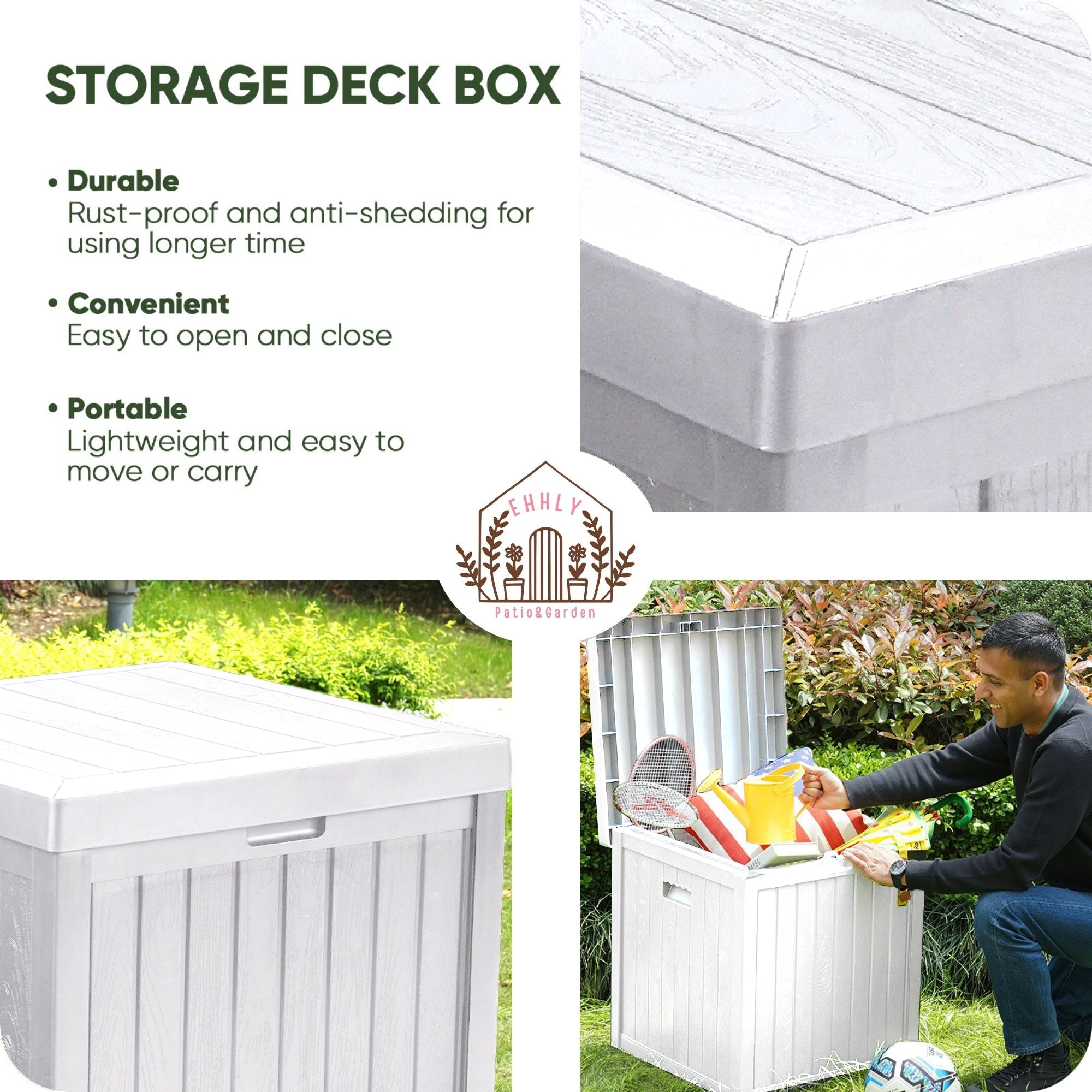 EHHLY Deck Box, 51 Gallon Front Porch Package Bin Delivery Box for Outside, Small Patio Outdoor Storage Boxes Waterproof, UV Resistant Plastic Resin Pool Storage Bins with lids, White