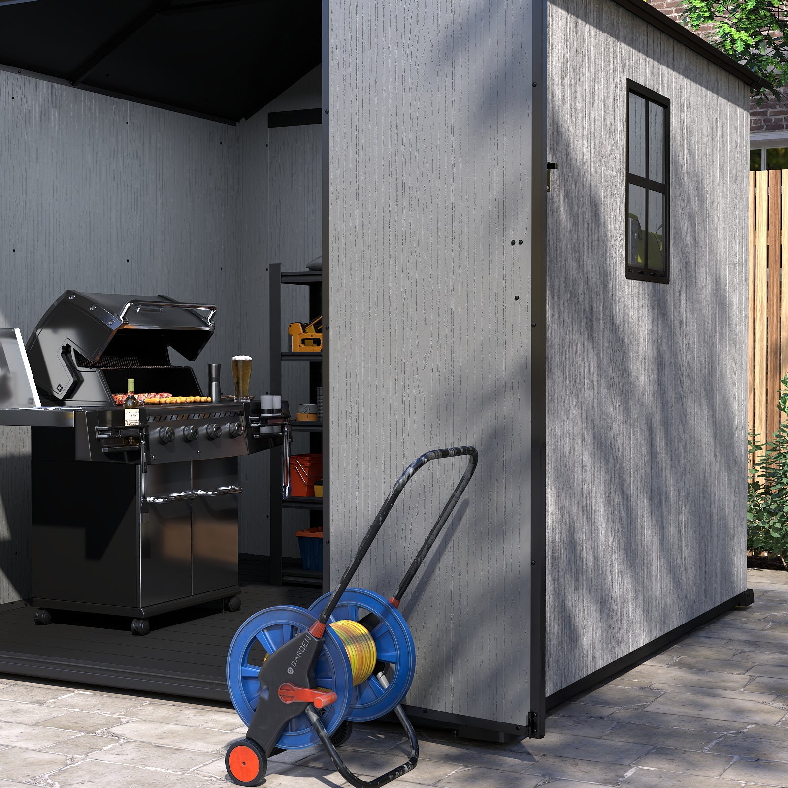 EHHLY 8x8 FT Resin Outdoor Storage Shed Large, 376 Cuft Garden Tool Sheds, Cemented Grey