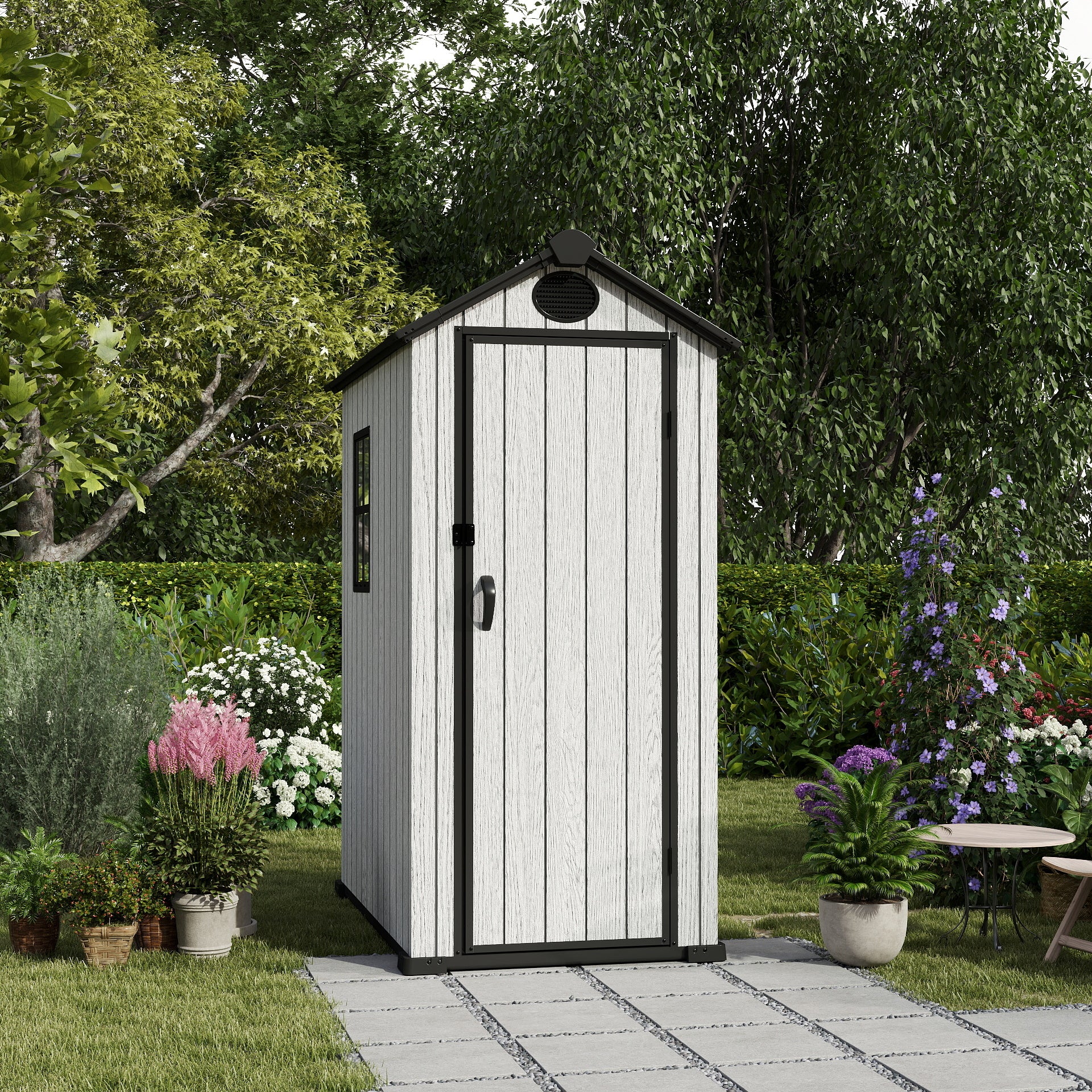 EHHLY 3.4x5.3 FT Resin Outdoor Storage Shed, 125 Cuft Garden Tool Sheds & Outdoor Storage Plastic Shed with Floor, 7FT Tall Backyard Outside Lawn Mower Storage Shed with Side Window, Cemented Grey