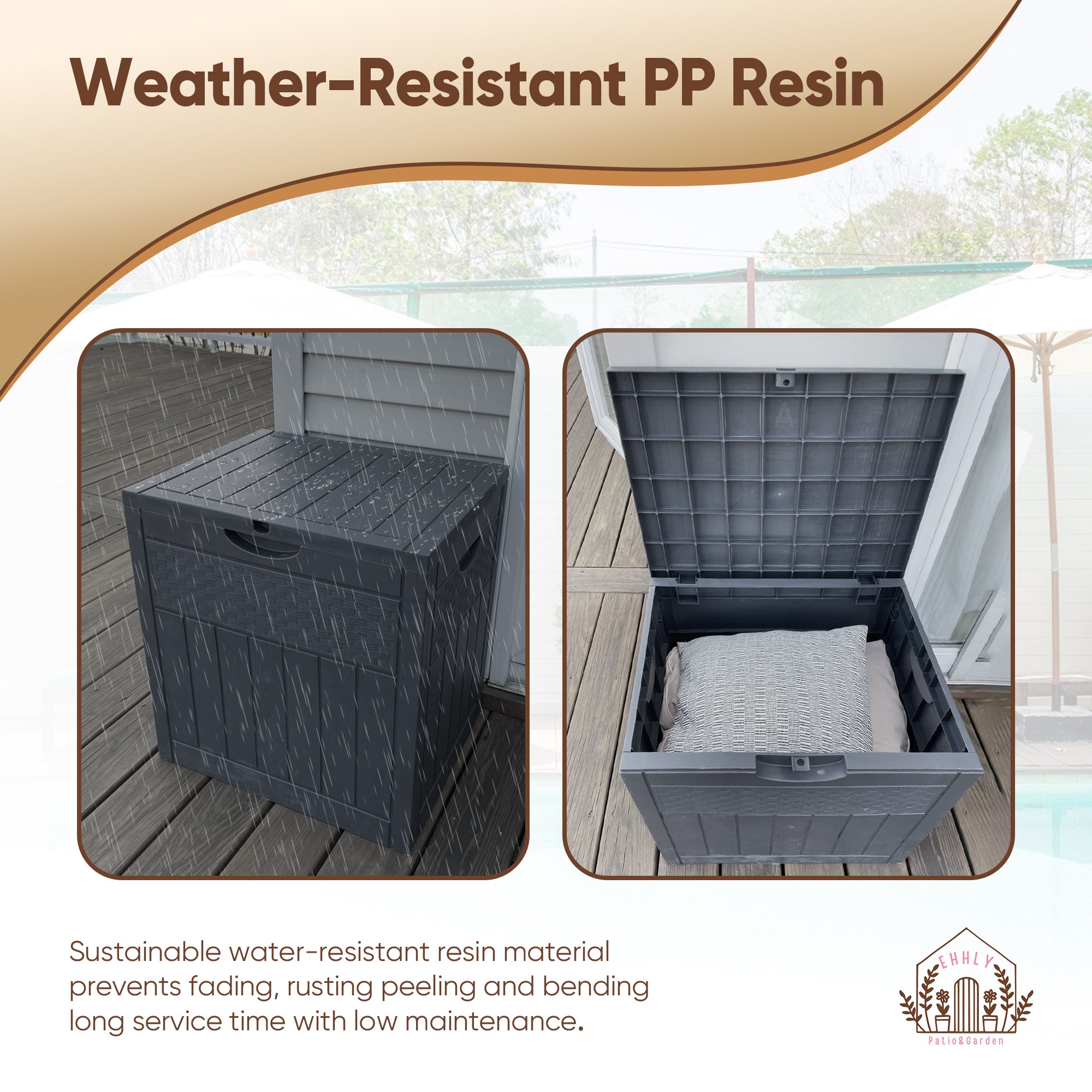 EHHLY 33 Gallon Deck Box, Small Outdoor Storage Box Waterproof, Grey