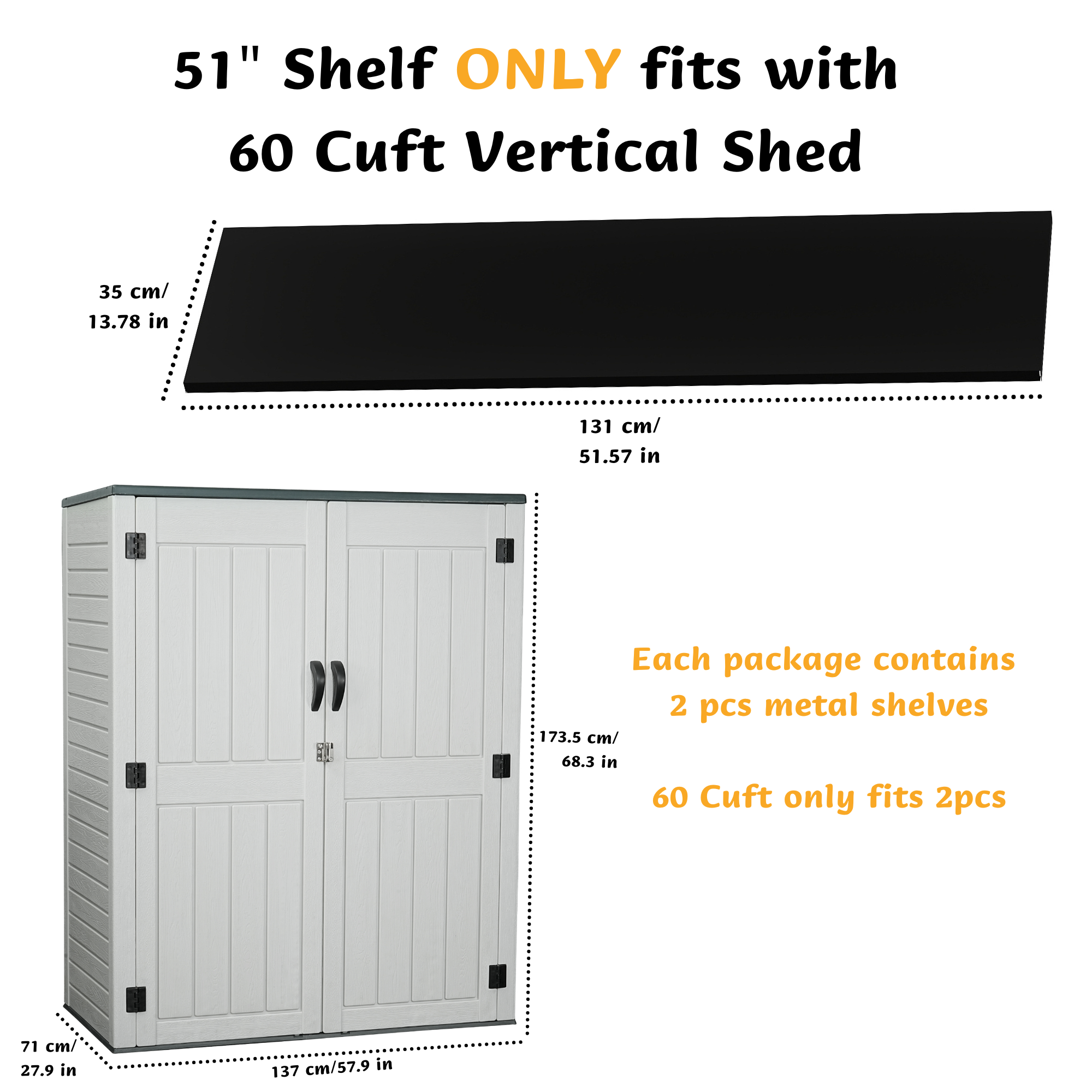 EHHLY 60 Cuft Outdoor Storage Shed Shelf, Outdoor Storage Cabinet Metal Shelves for 5.7x4.8 Ft Storage Shed, Vertical Resin Storage Shed Accessories, Black